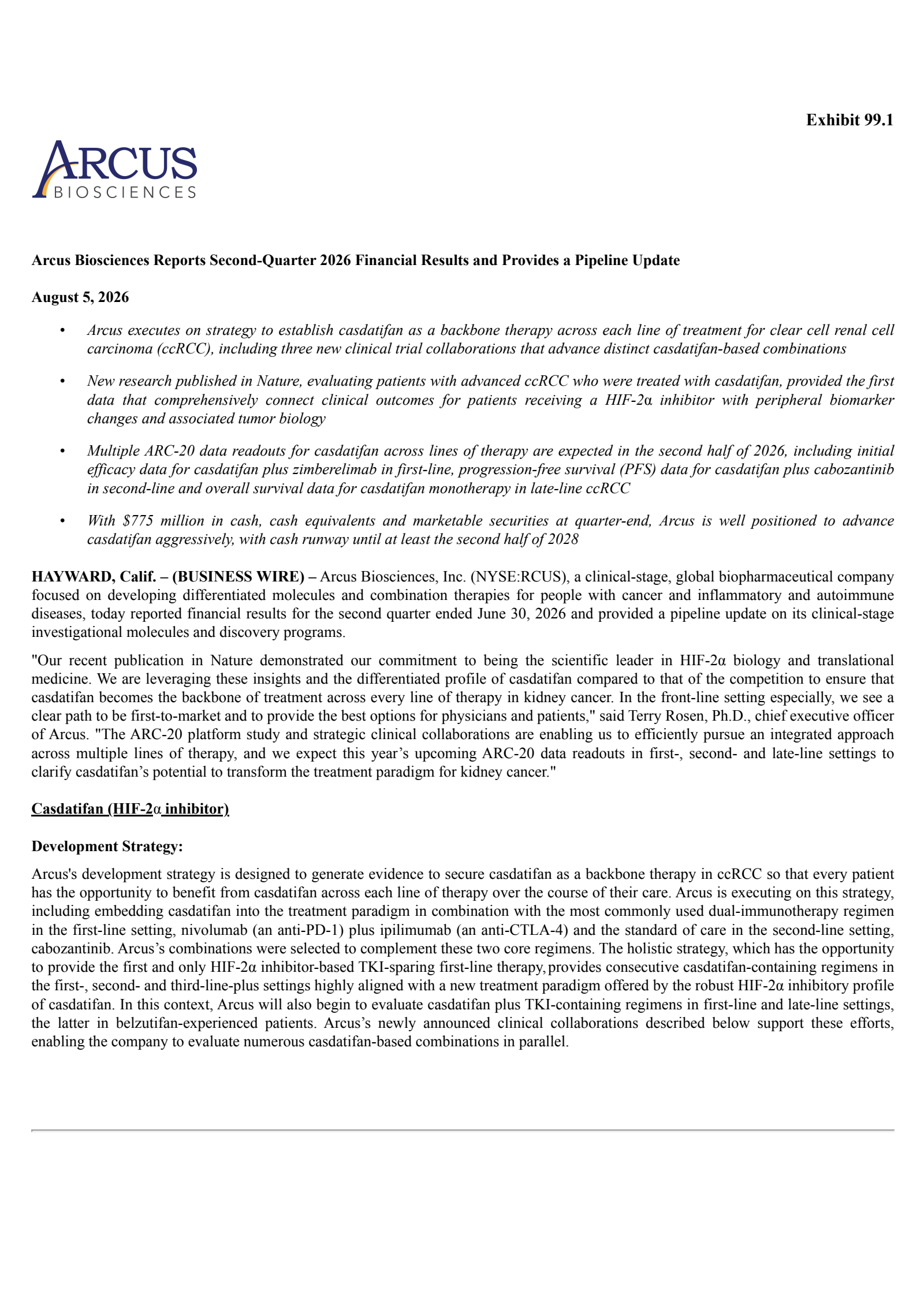 Arcus Biosciences' Q2 2026 Press Release