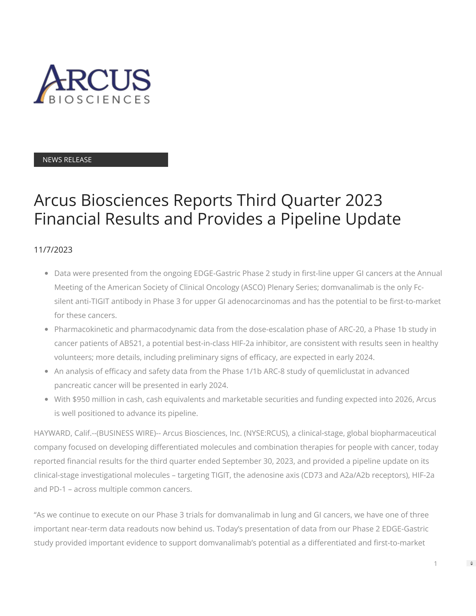 Arcus Biosciences' Q3 2023 Press Release