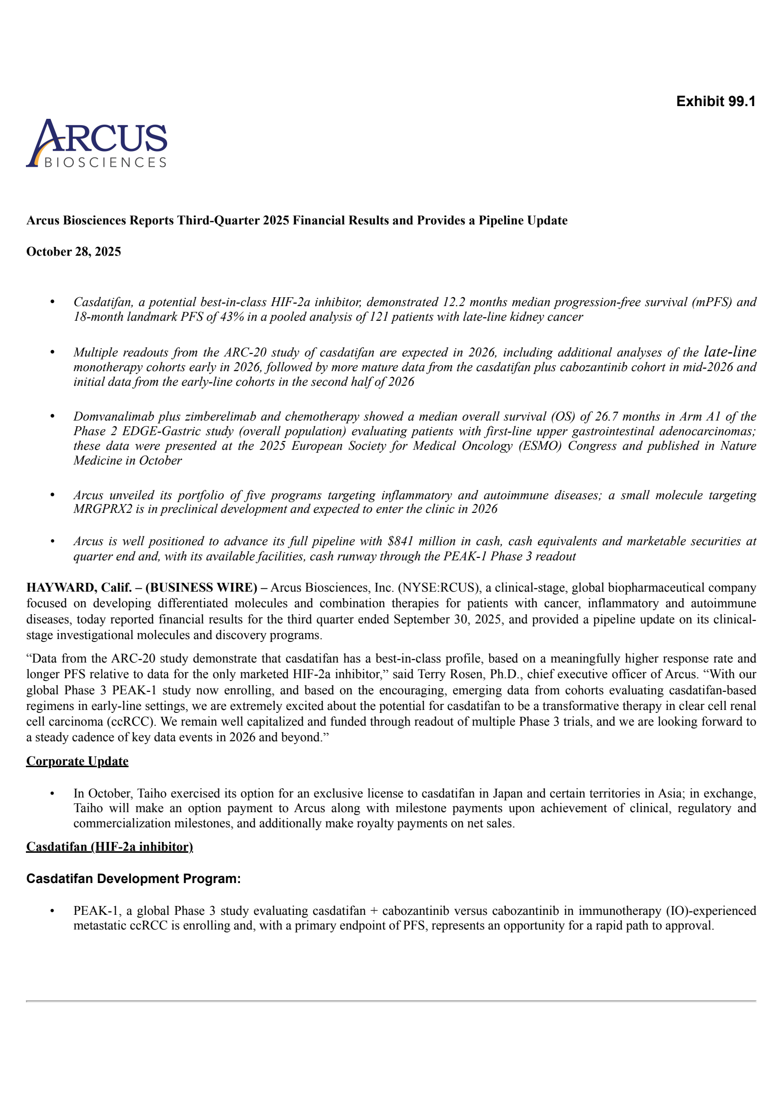 Arcus Biosciences' Q3 2025 Earnings Release