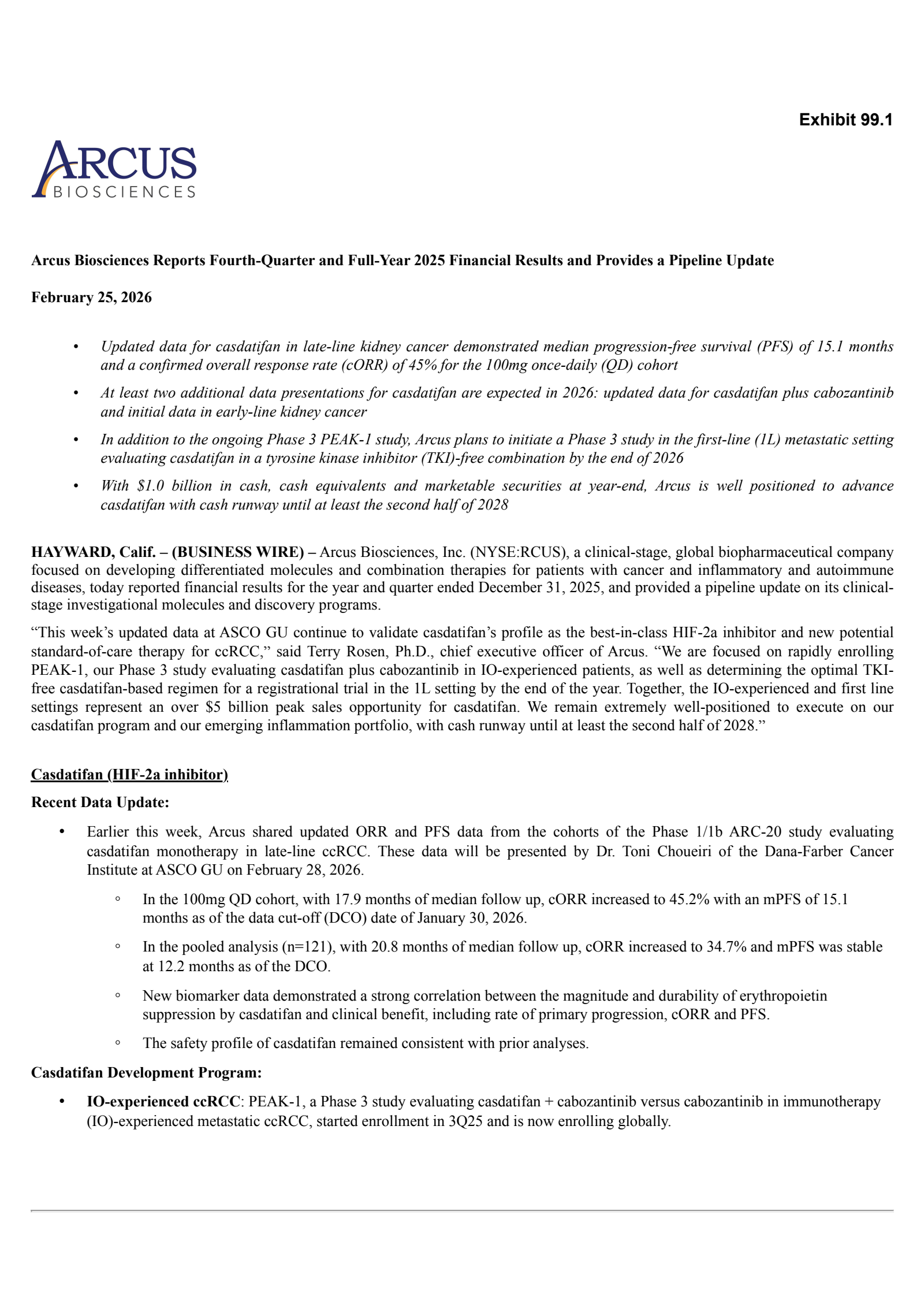 Arcus Biosciences' Q4 2025 Press Release