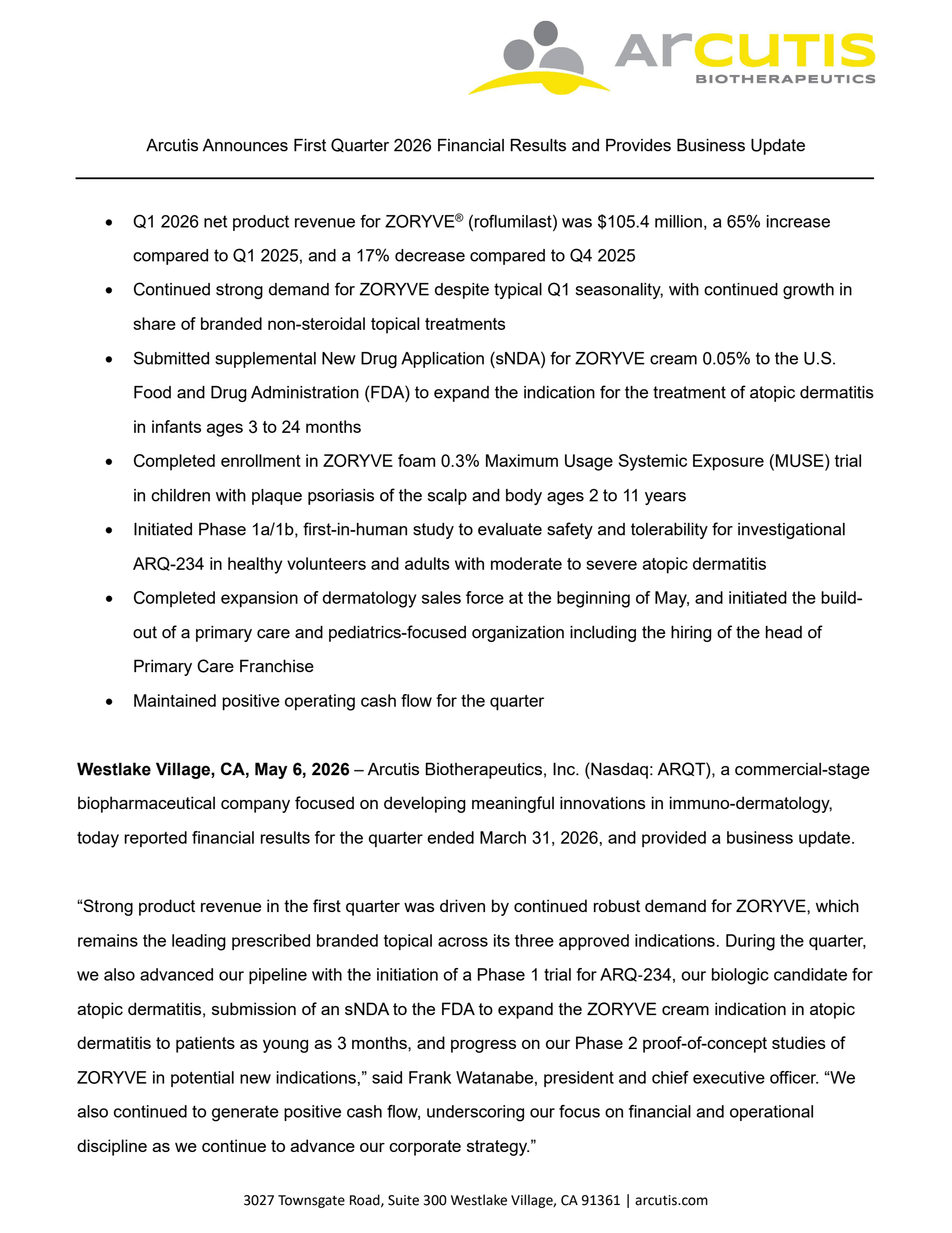 Arcutis Biotherapeutics' Q1 2026 Press Release