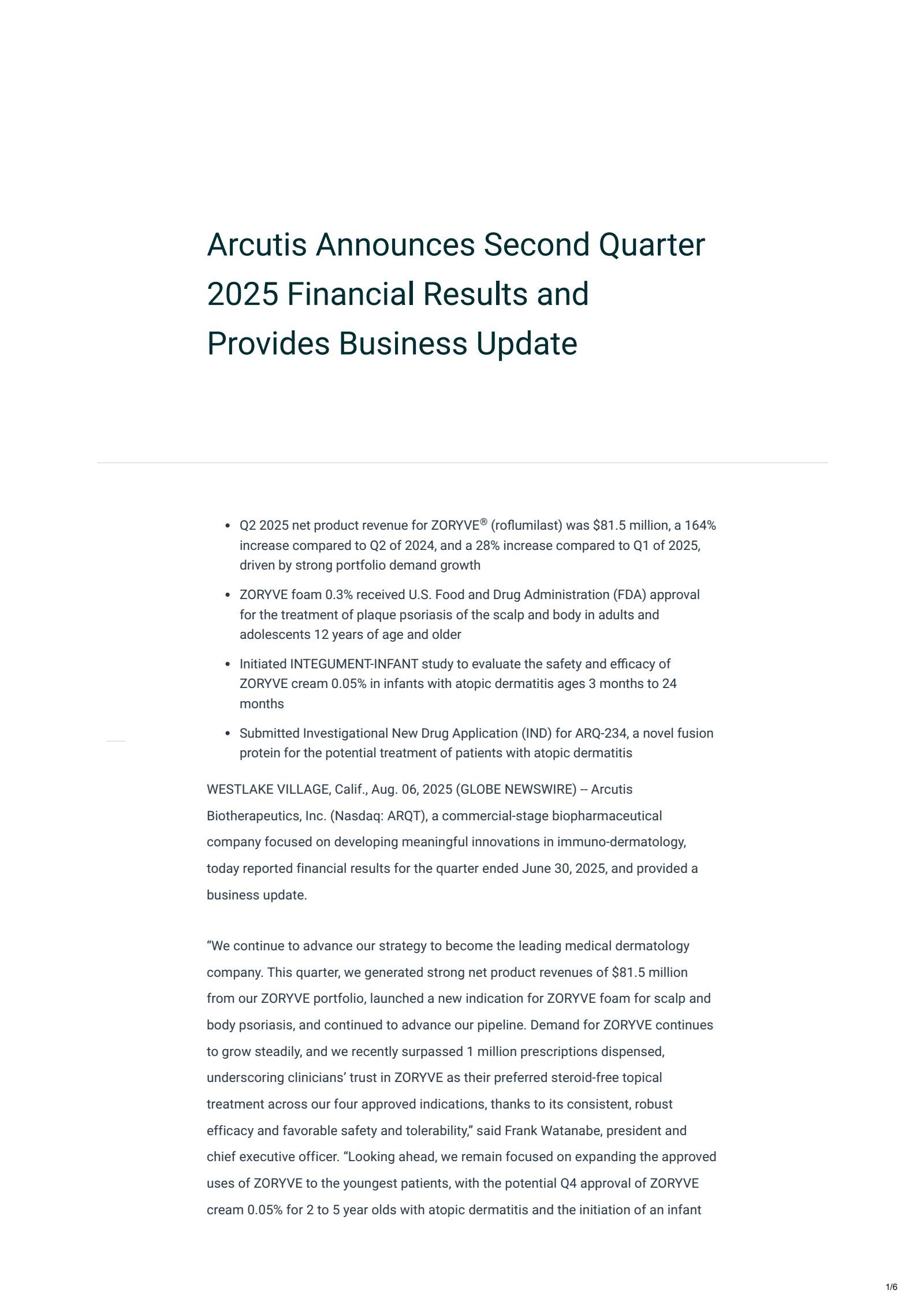 Arcutis Biotherapeutics' Q2 2025 Press Release