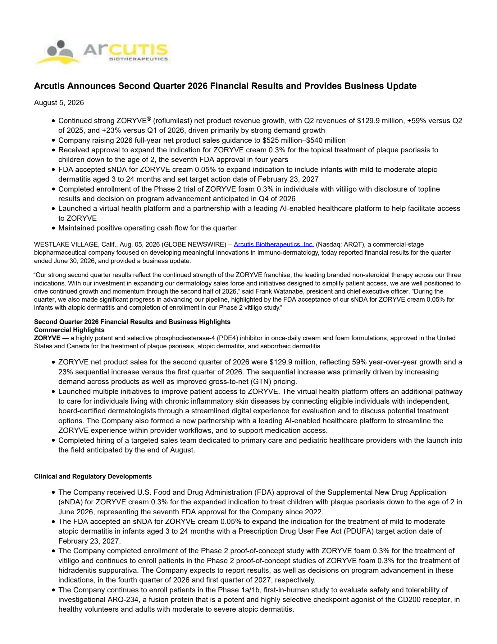 Arcutis Biotherapeutics' Q2 2026 Press Release