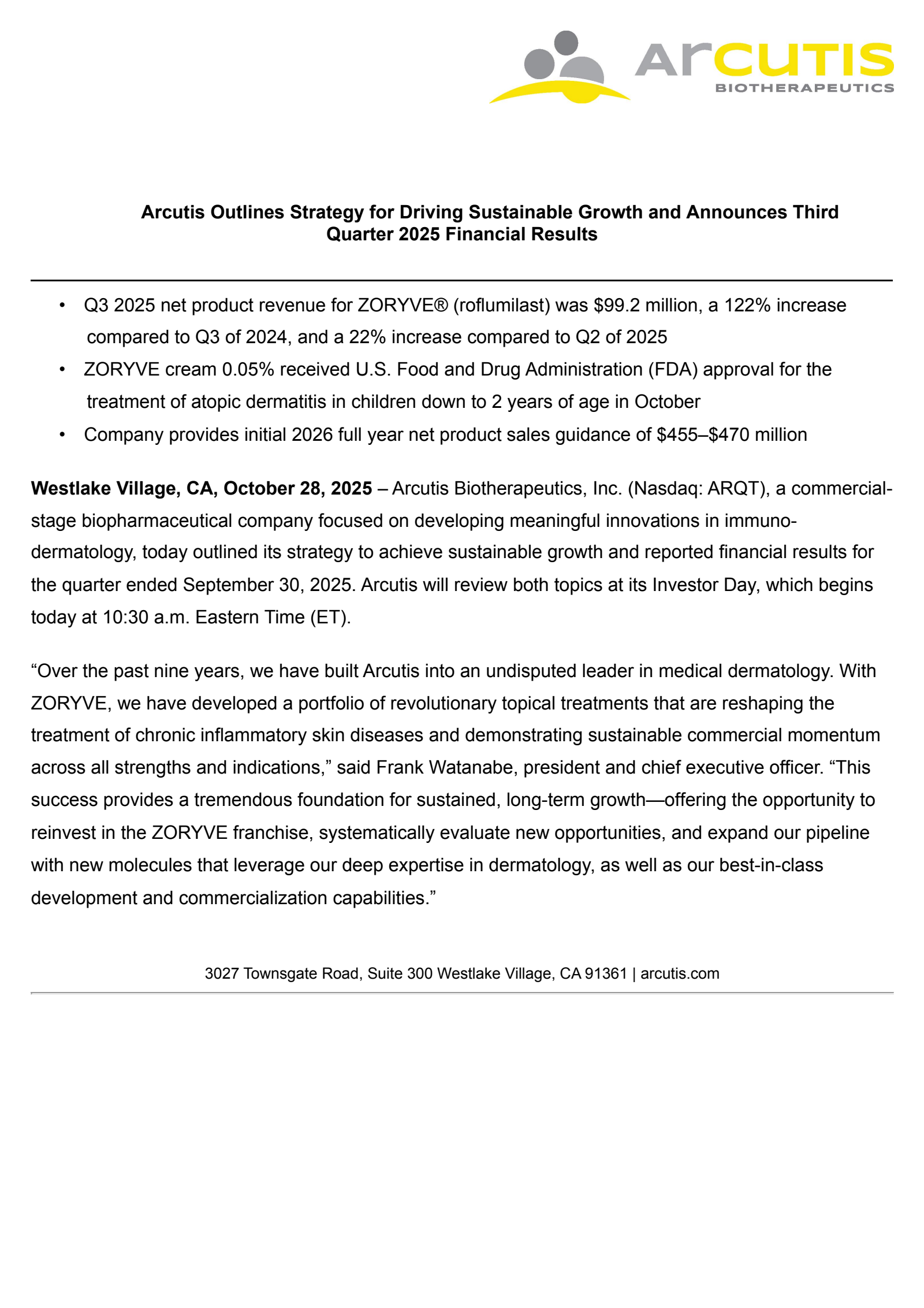 Arcutis Biotherapeutics' Q3 2025 Earnings Release