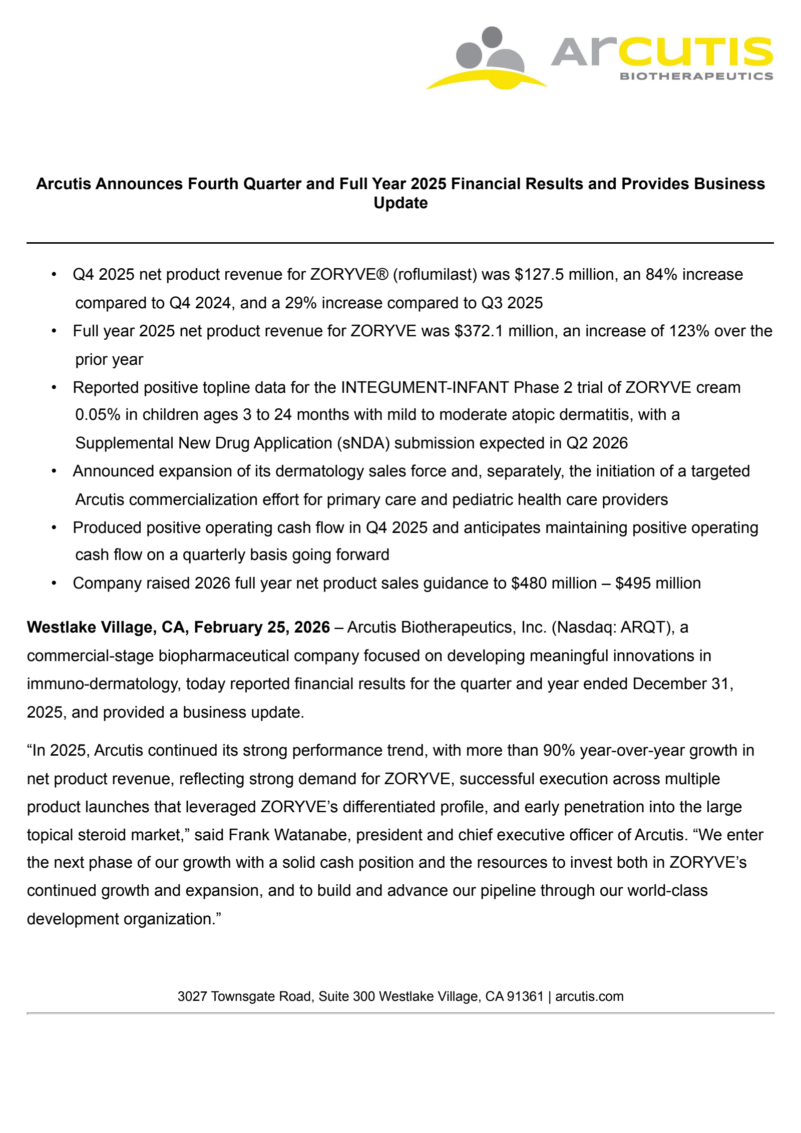 Arcutis Biotherapeutics' Q4 2025 Press Release