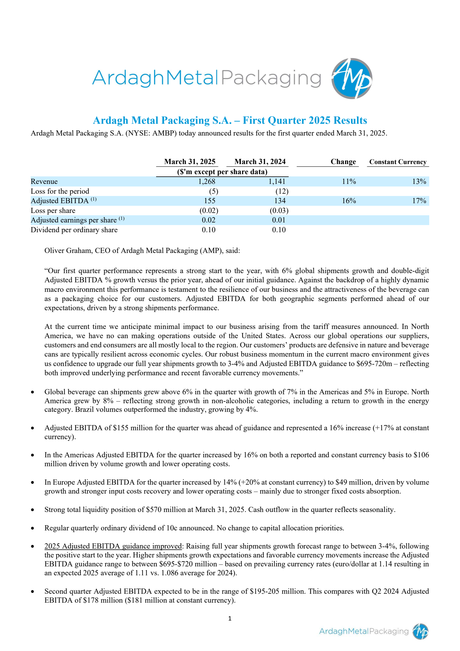 Ardagh Metal Packaging's Q1 2025 Earnings Release