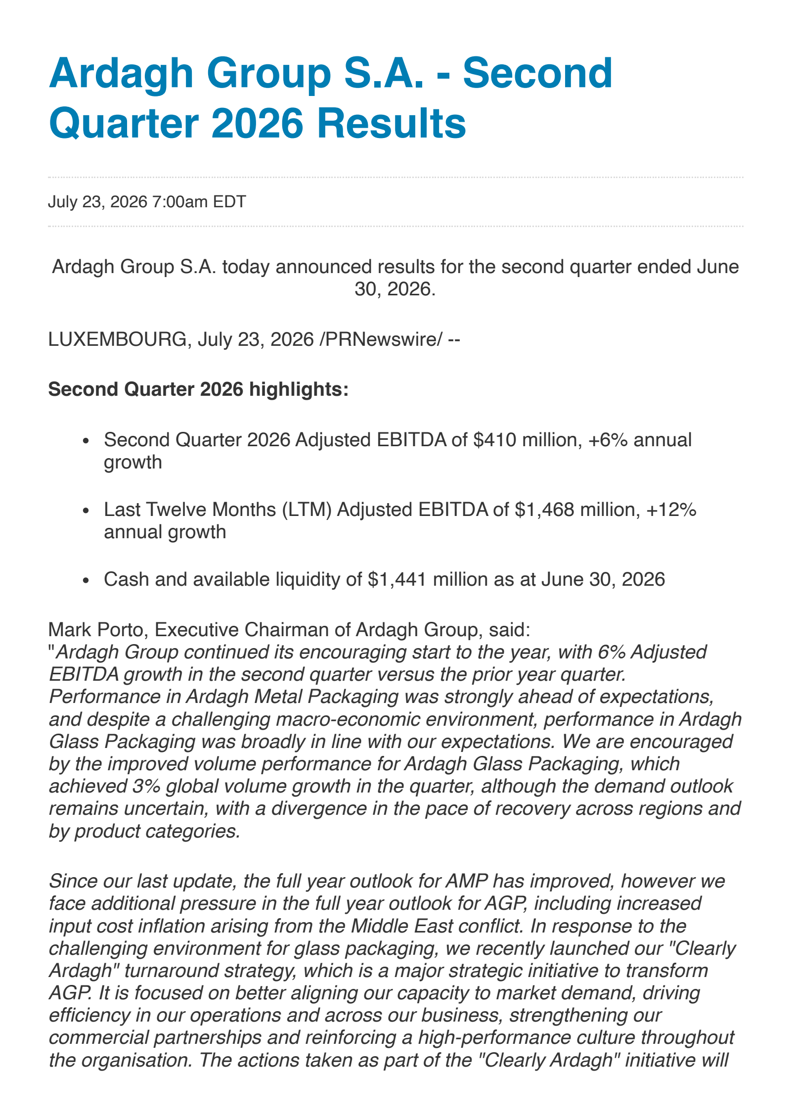 Ardagh Metal Packaging's Q2 2026 Press Release