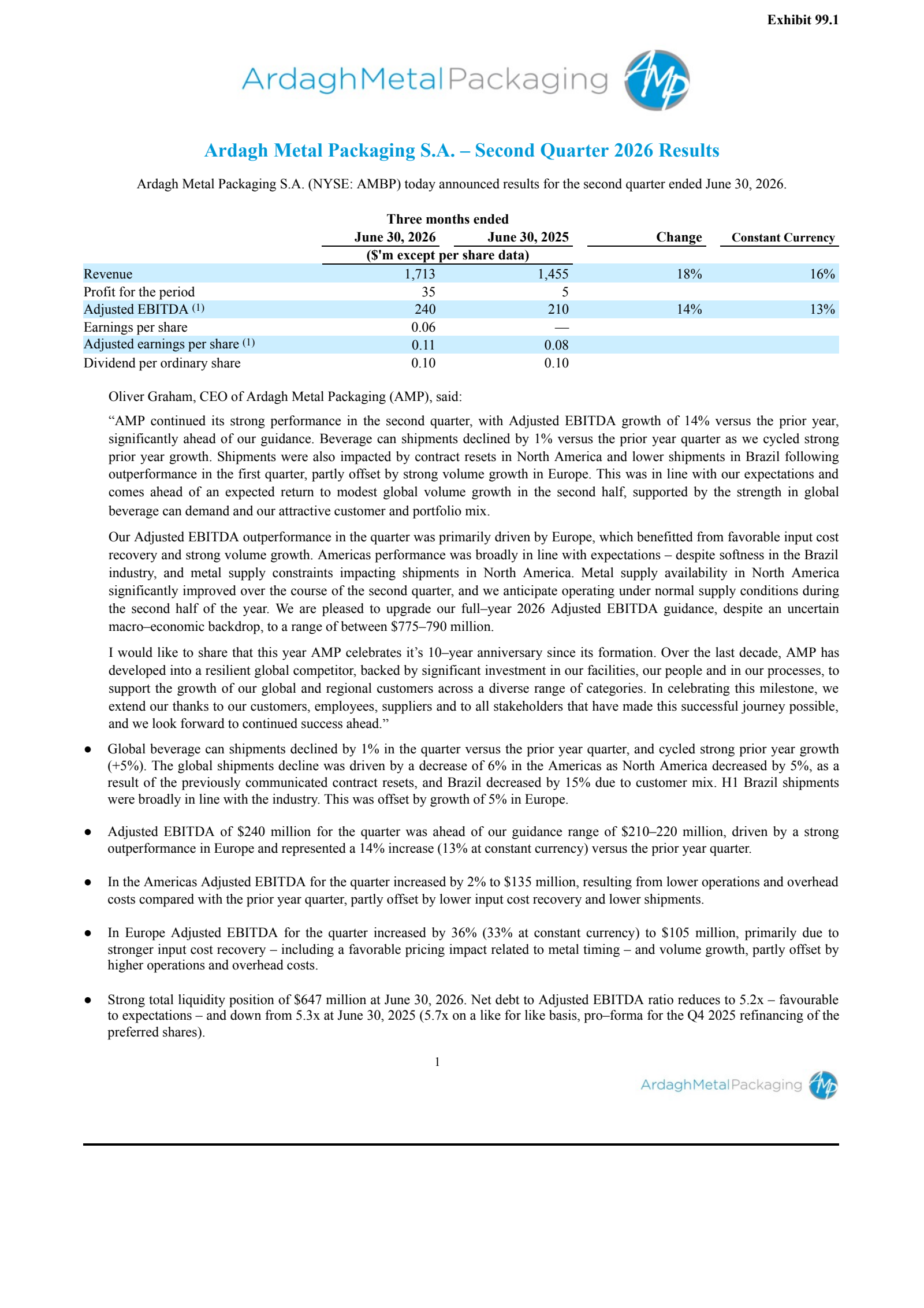 Ardagh Metal Packaging's Q2 2026 Press Release