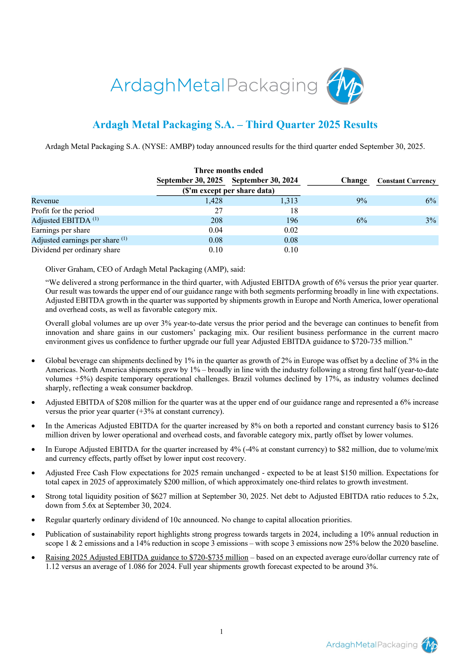 Ardagh Metal Packaging's Q3 2025 Earnings Release
