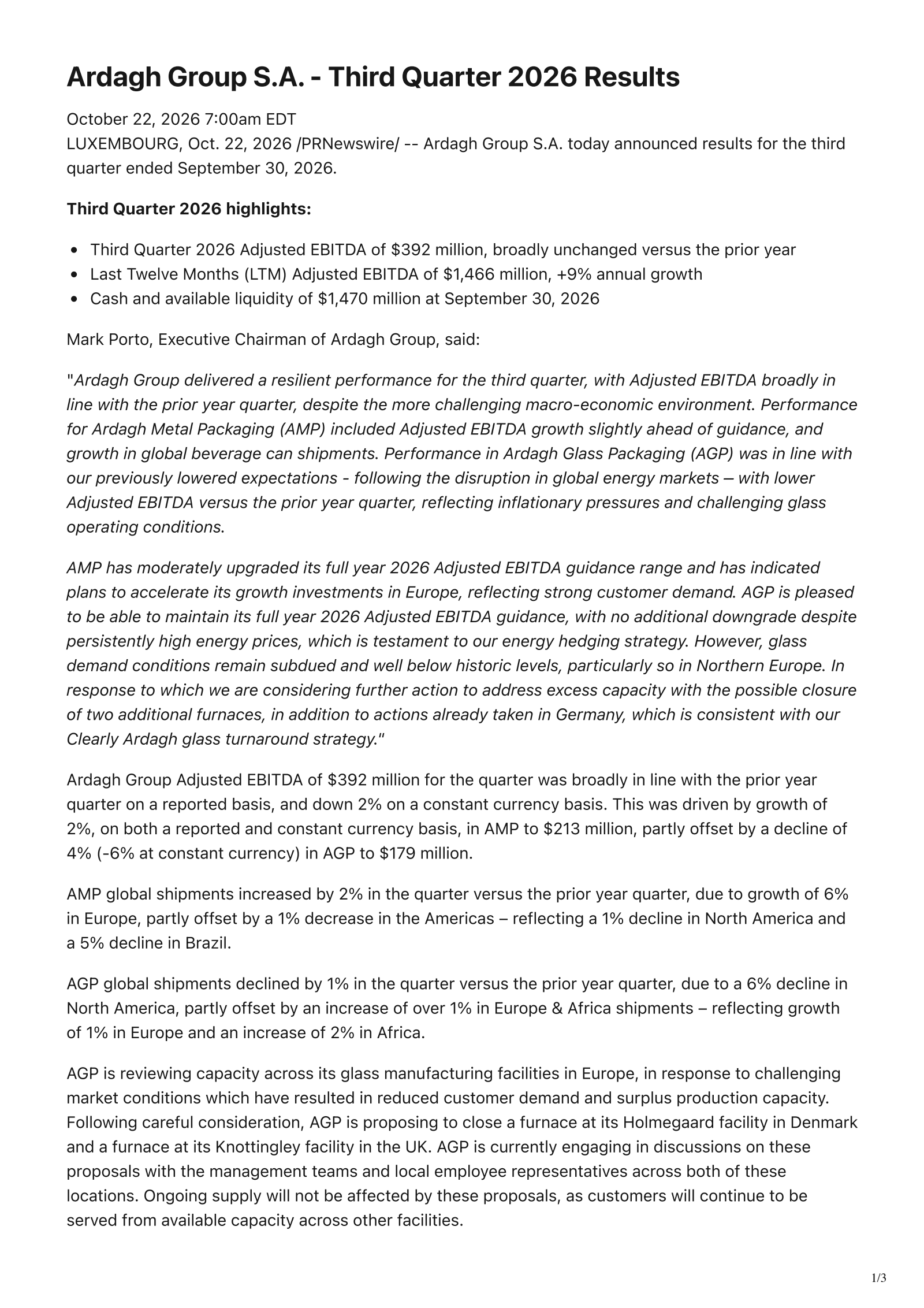 Ardagh Metal Packaging (AMBP) Q3 2026 Earnings Results & Report