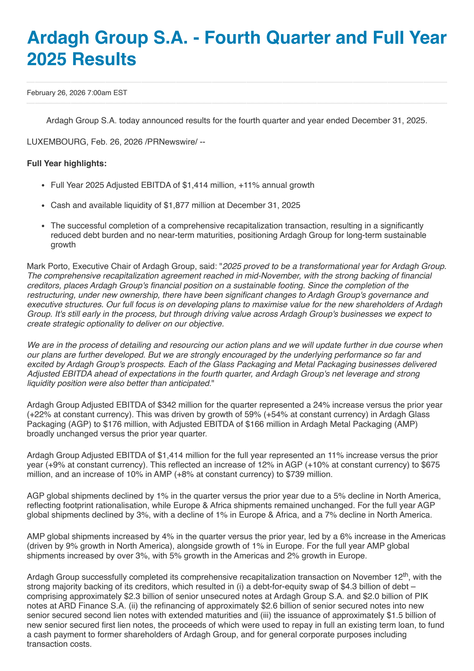 Ardagh Metal Packaging's Q4 2025 Press Release