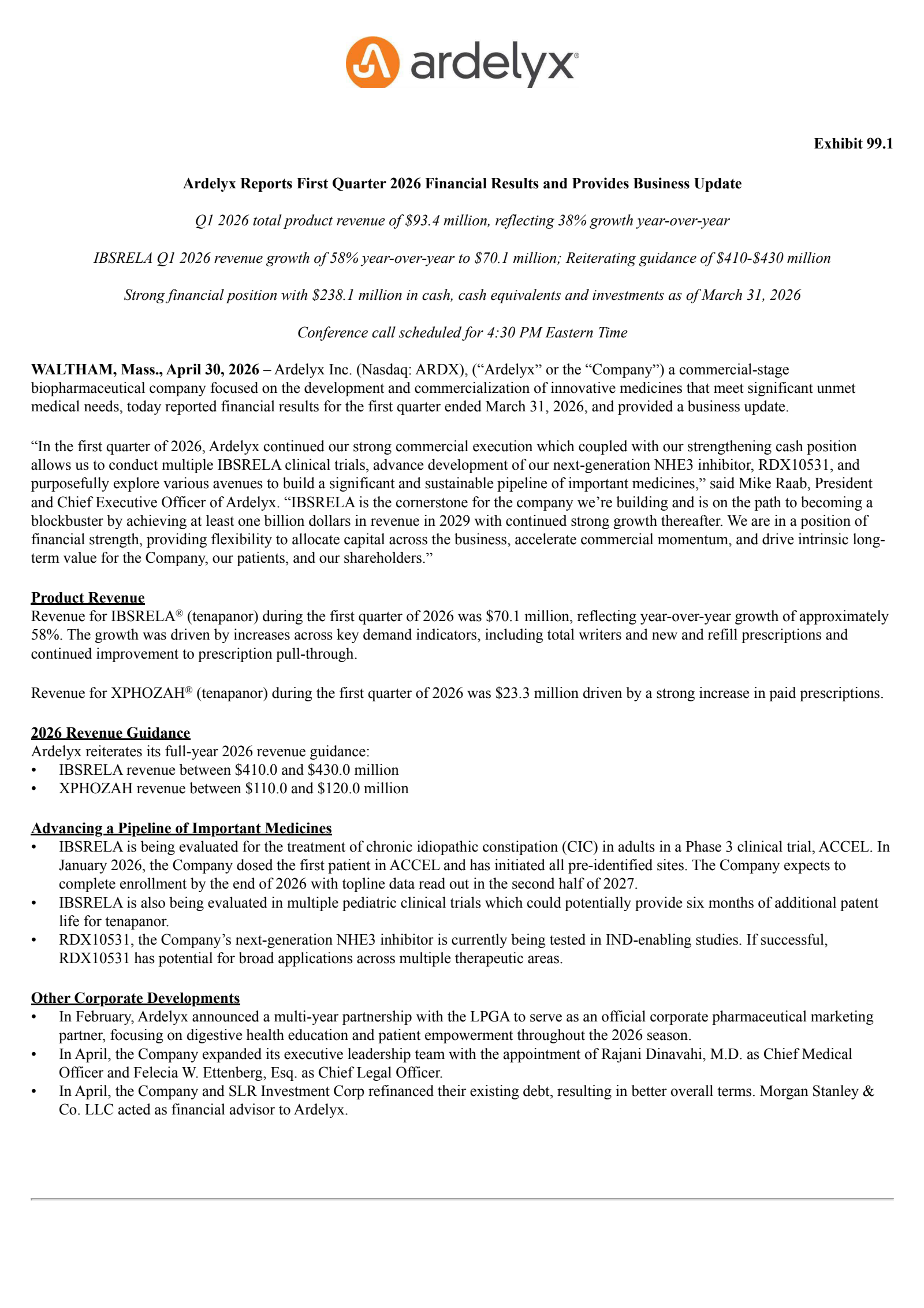 Ardelyx's Q1 2026 Press Release