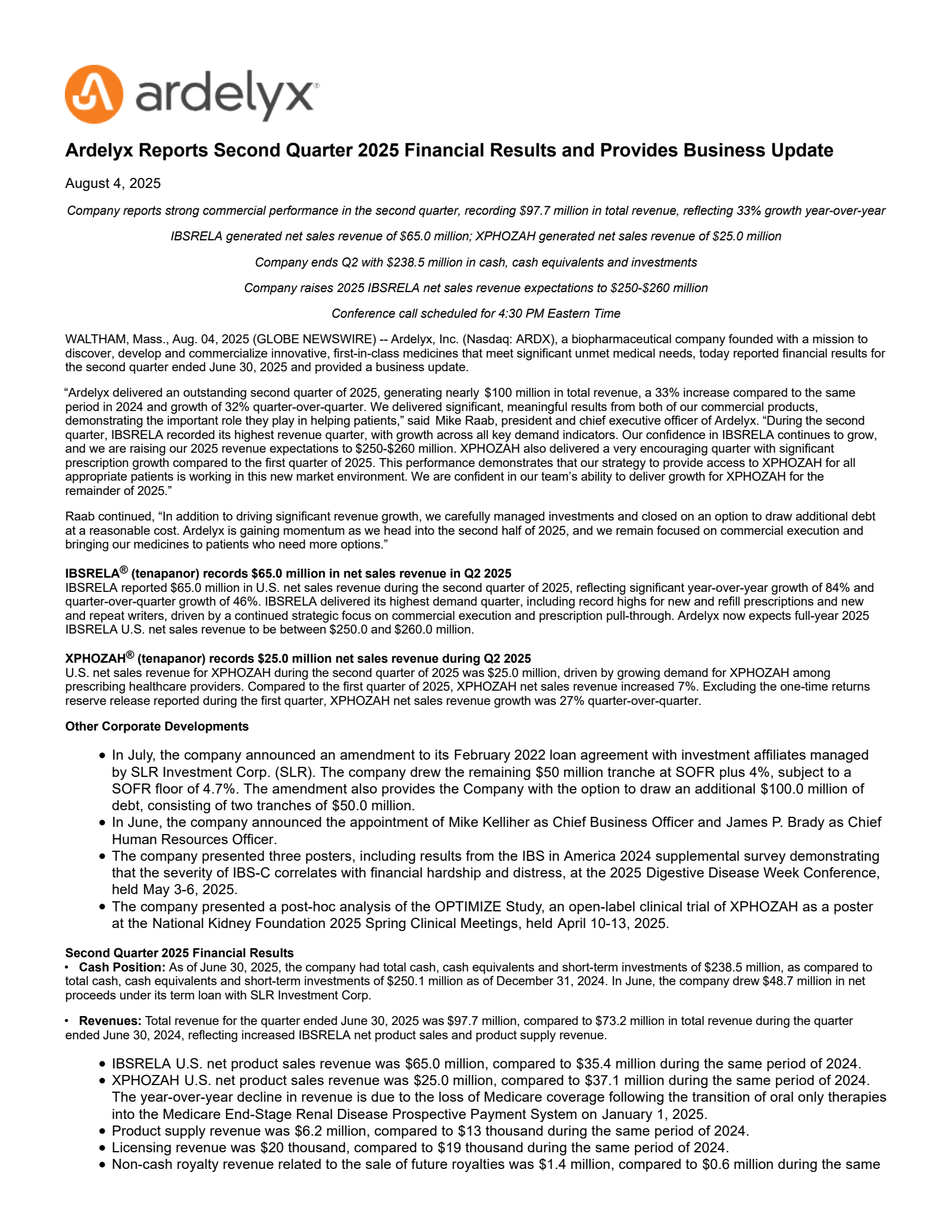 Ardelyx's Q2 2025 Press Release