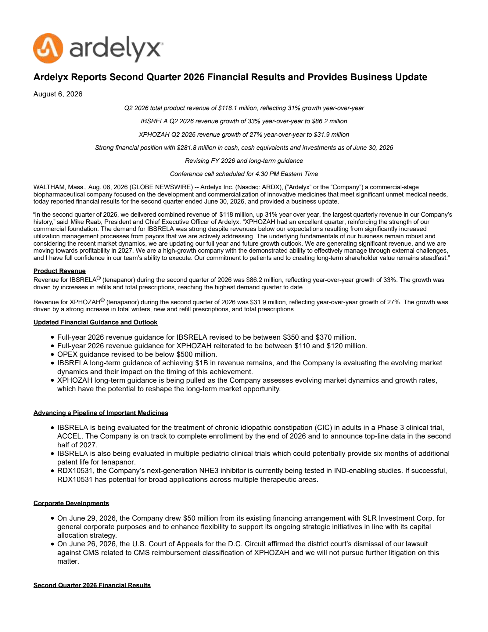 Ardelyx's Q2 2026 Press Release