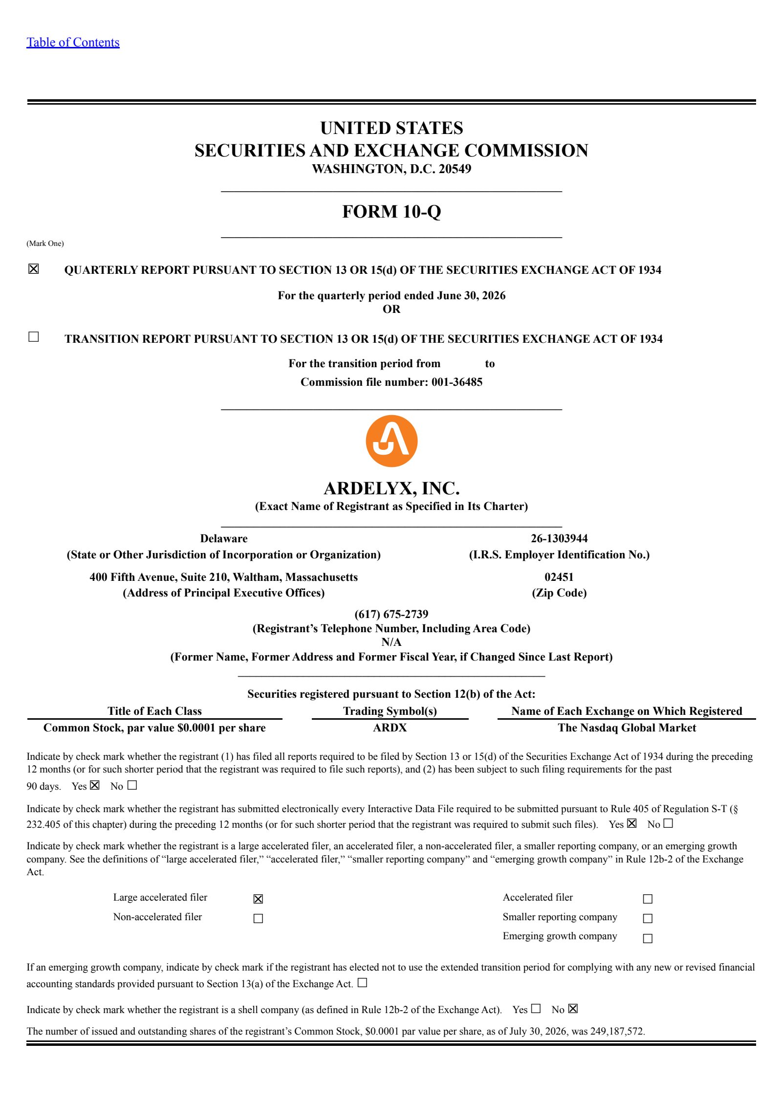 Ardelyx's Q2 2026 Quarterly report
