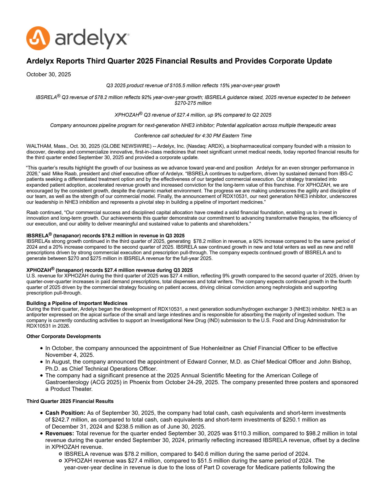 Ardelyx's Q3 2025 Earnings Release