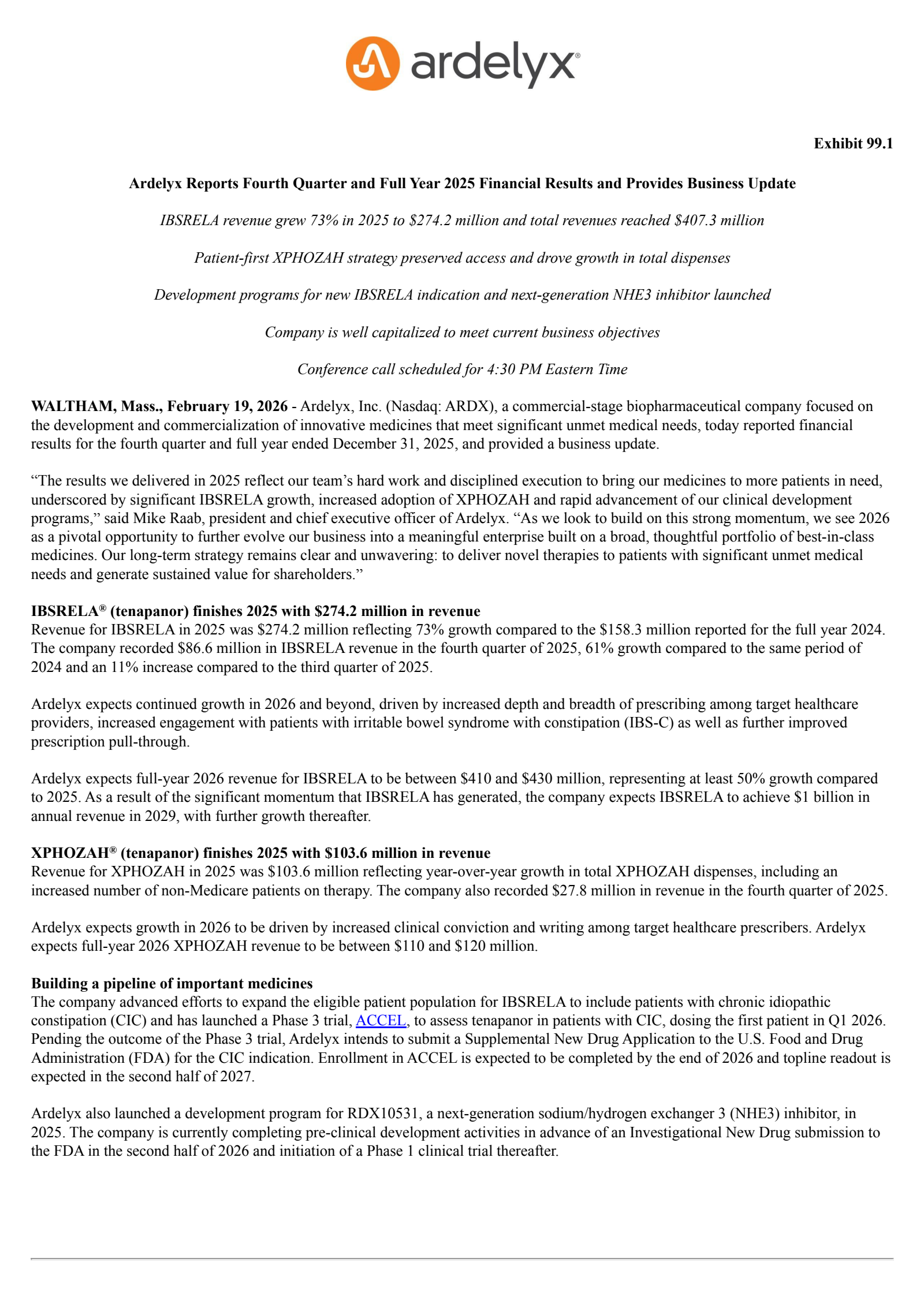 Ardelyx's Q4 2025 Press Release