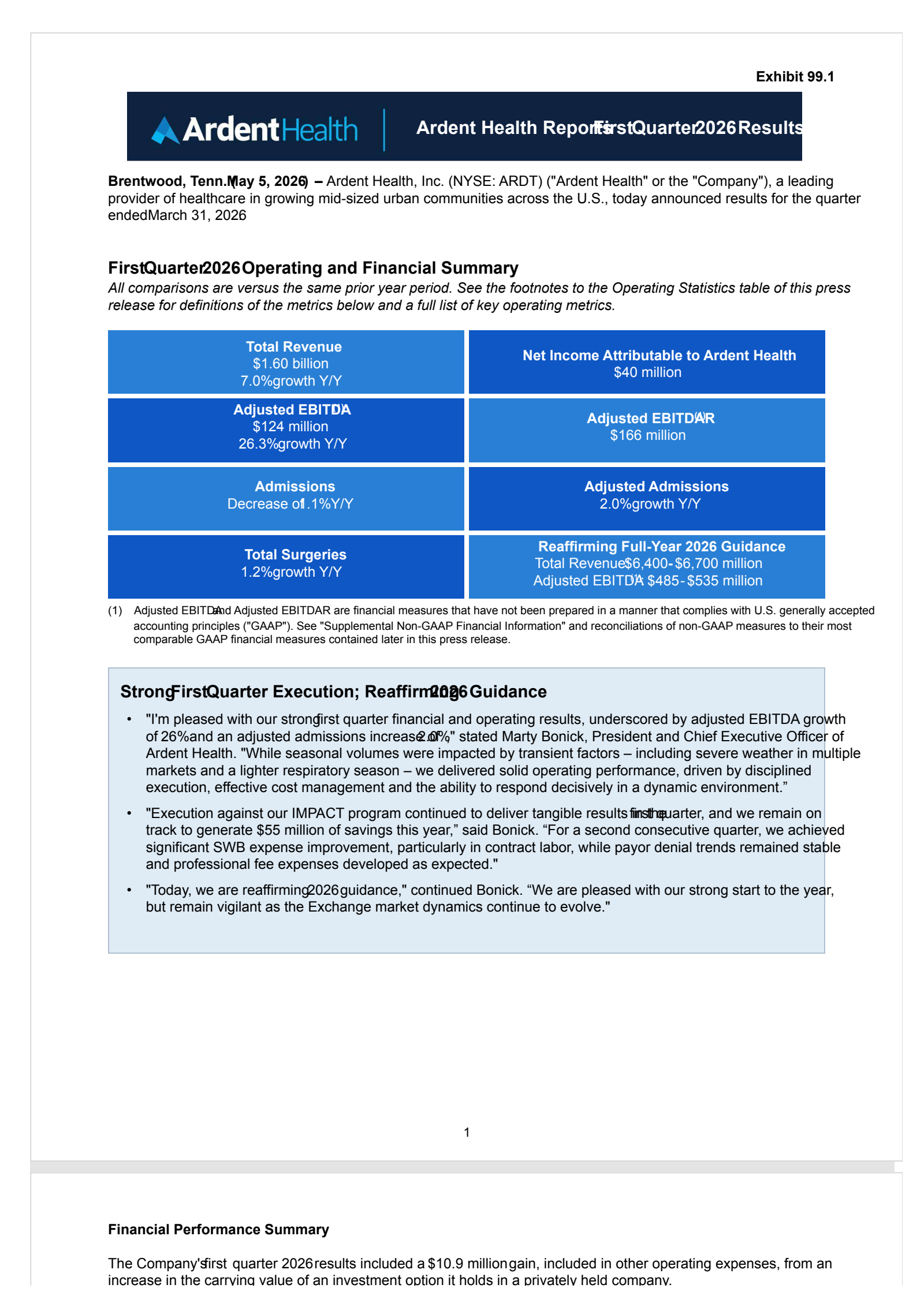 Ardent Health's Q1 2026 Press Release