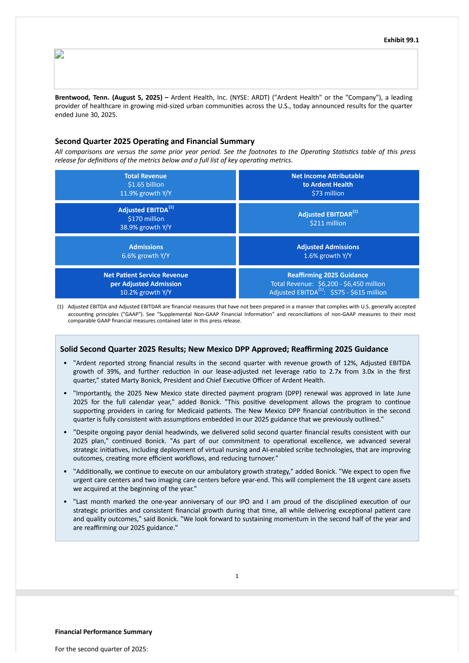 Ardent Health's Q2 2025 Press Release