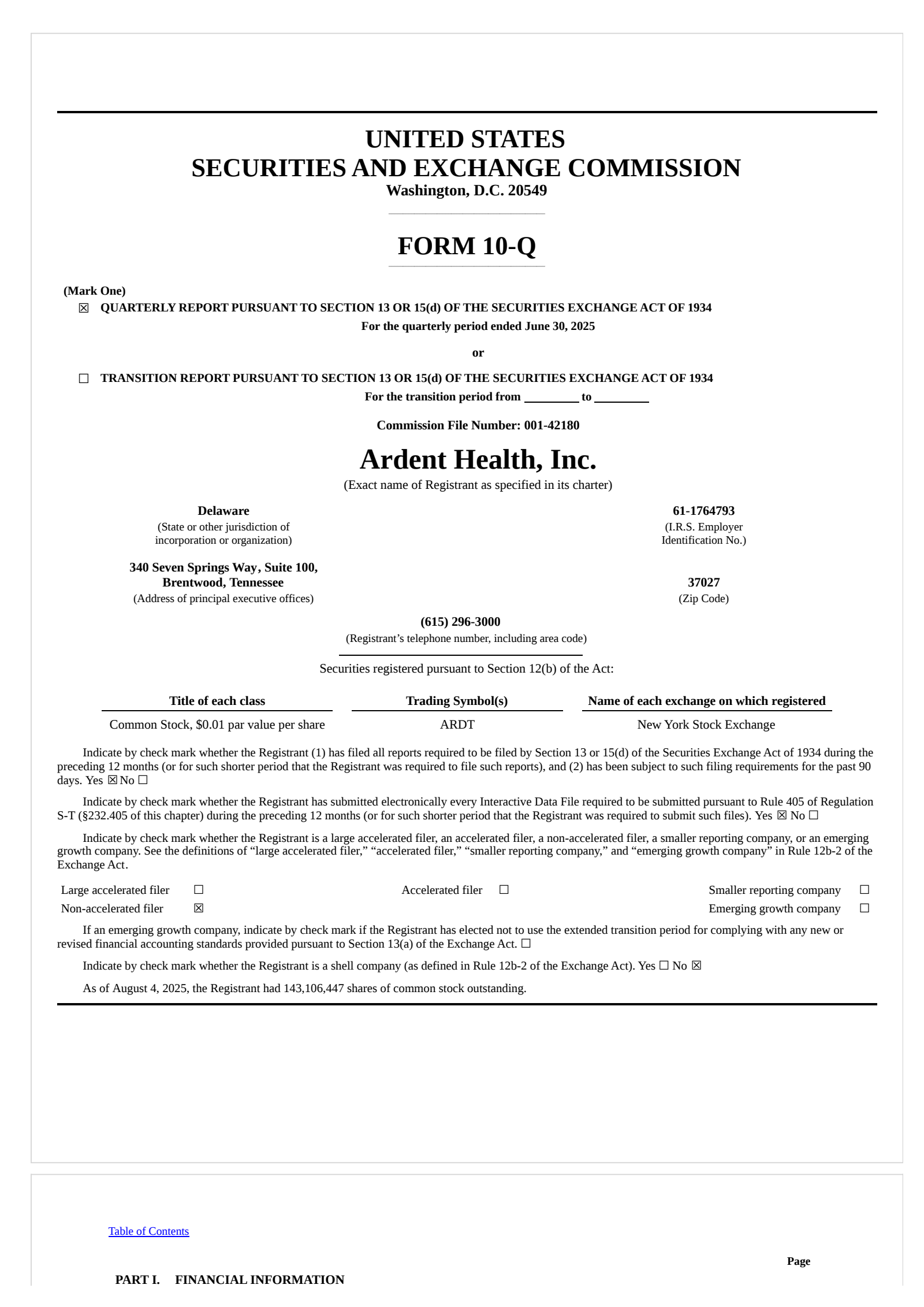 Ardent Health's Q2 2025 Quarterly report
