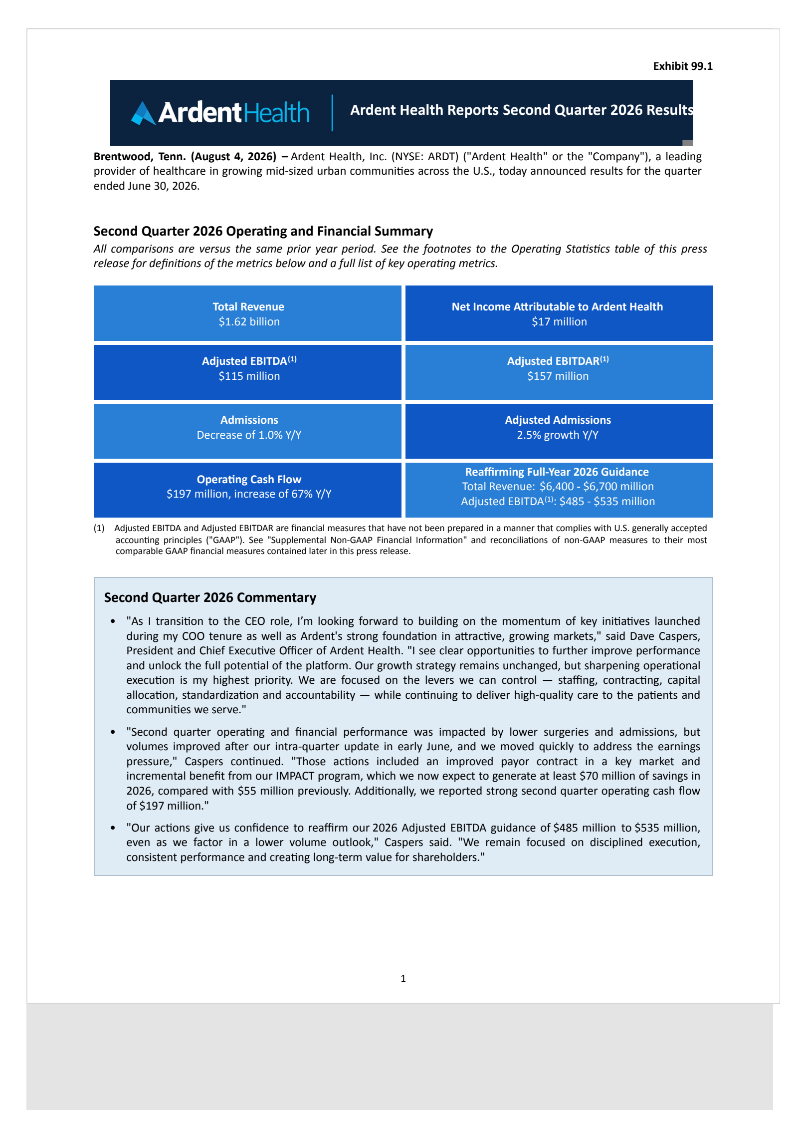 Ardent Health's Q2 2026 Press Release