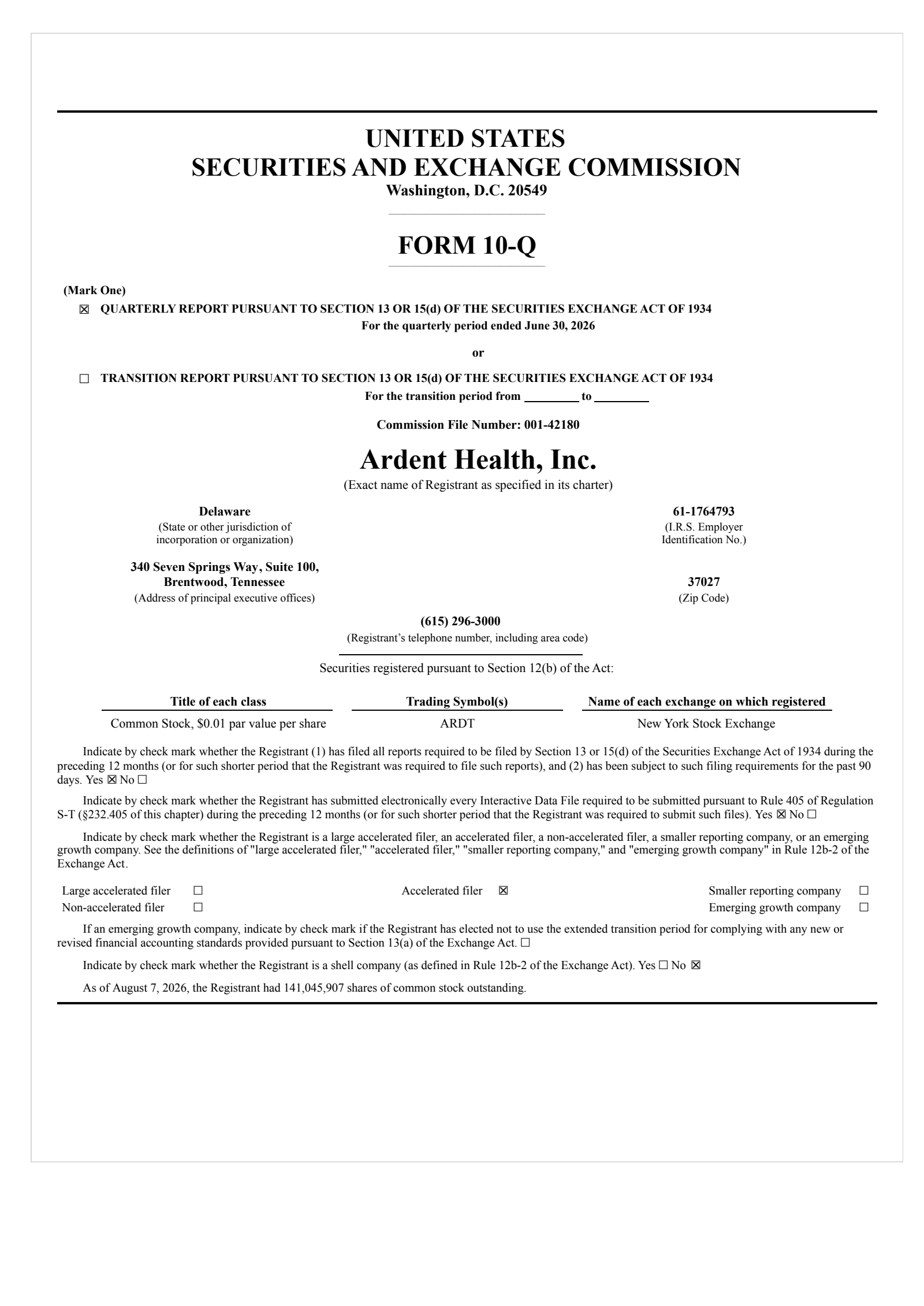 Ardent Health's Q2 2026 Quarterly report