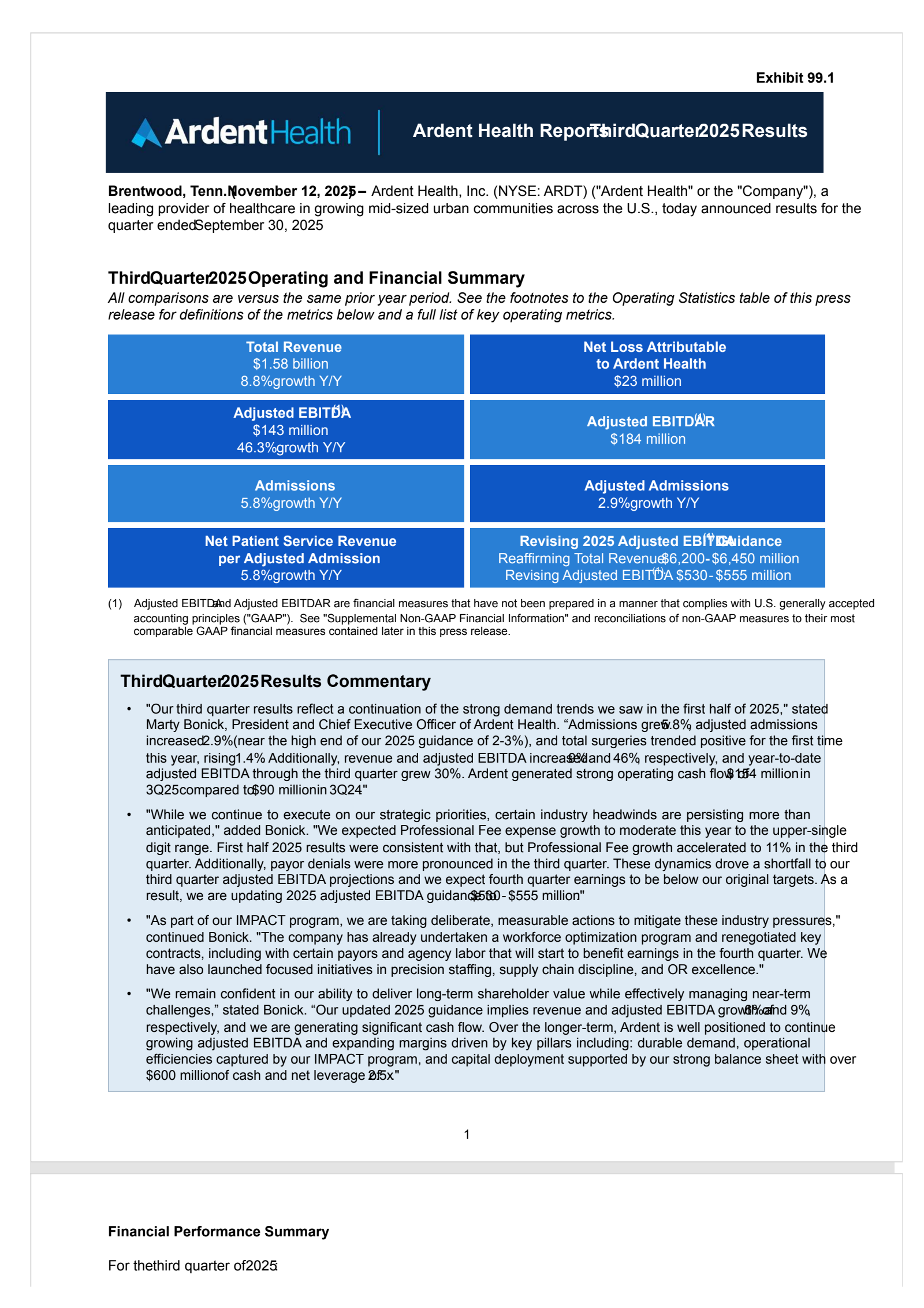 Ardent Health's Q3 2025 Earnings Release