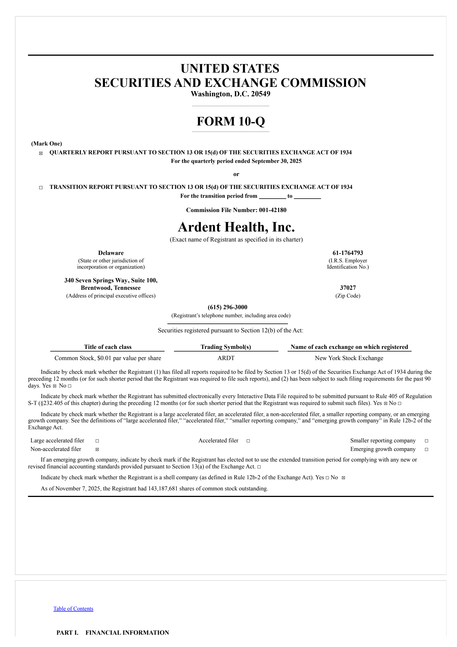 Ardent Health's Q3 2025 Quarterly Report