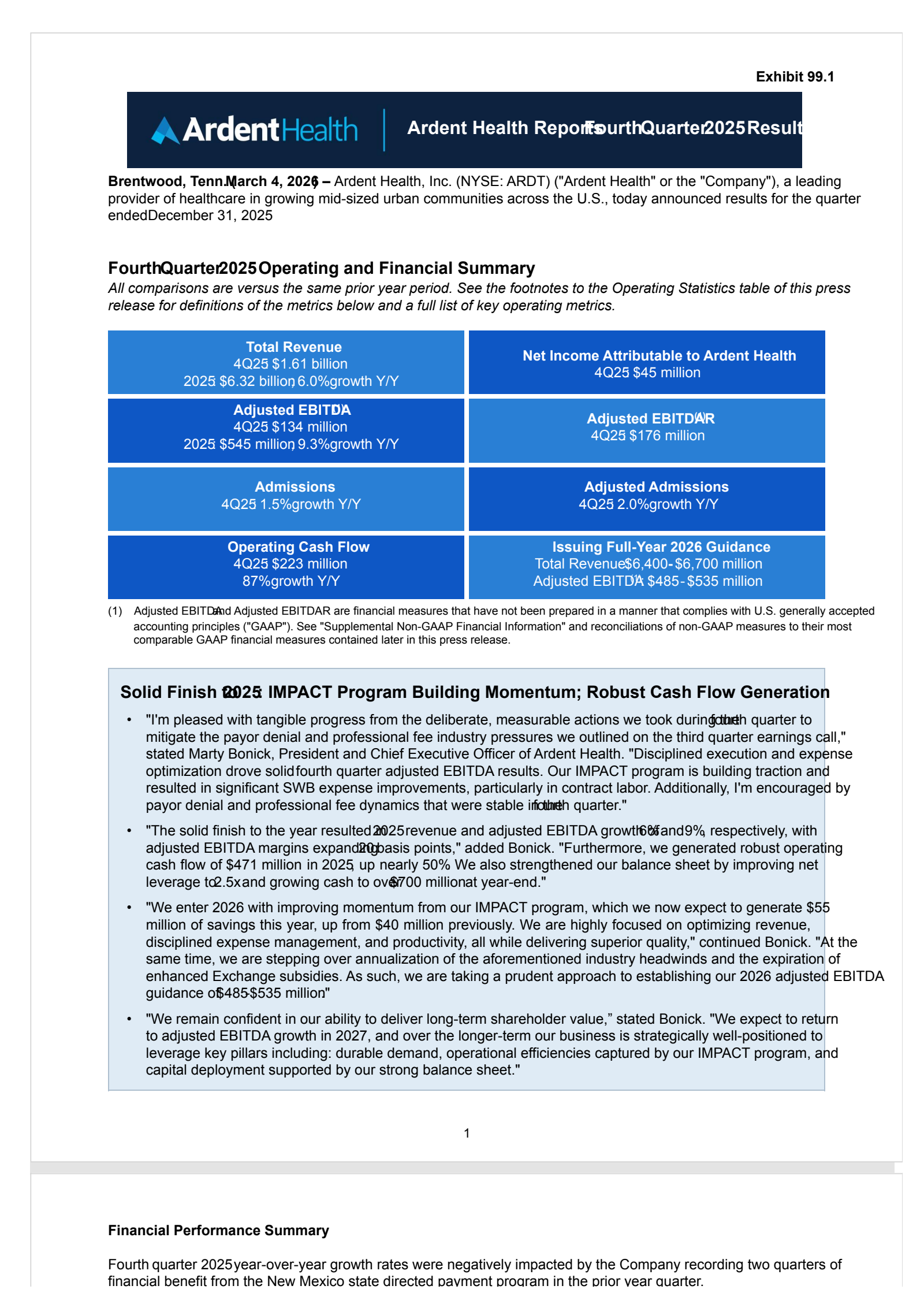 Ardent Health's Q4 2025 Press Release
