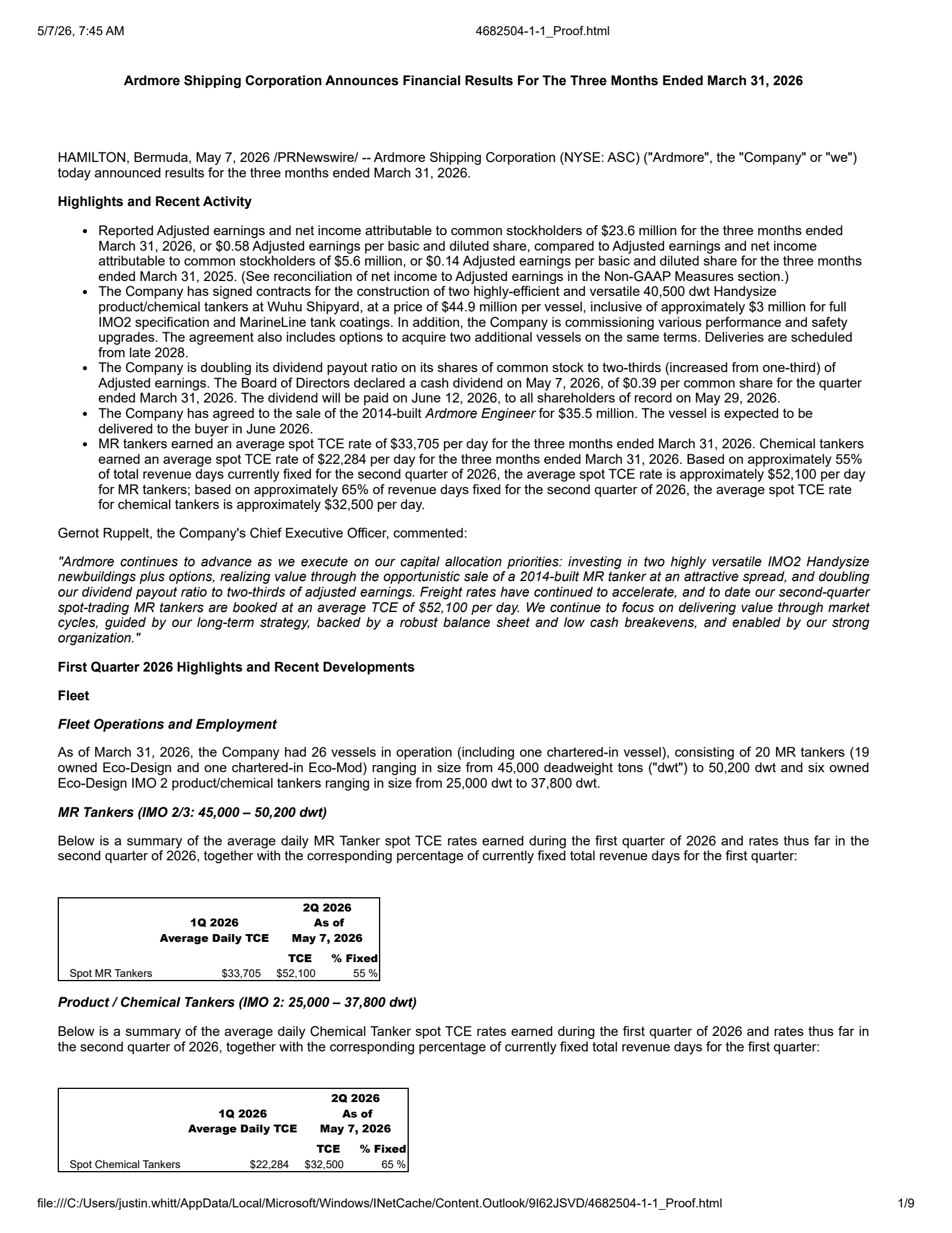Ardmore Shipping's Q1 2026 Press Release