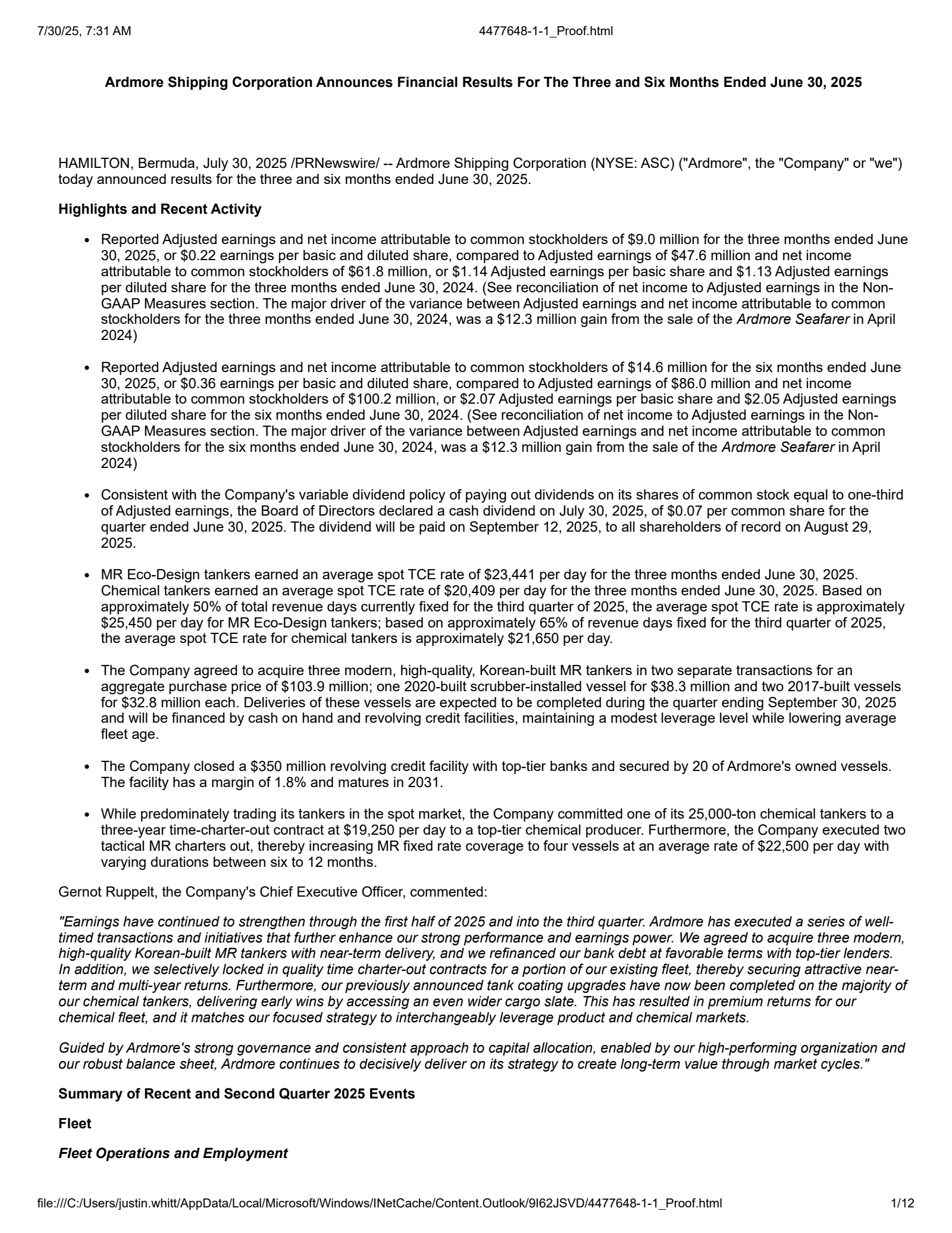 Ardmore Shipping's Q2 2025 Press Release
