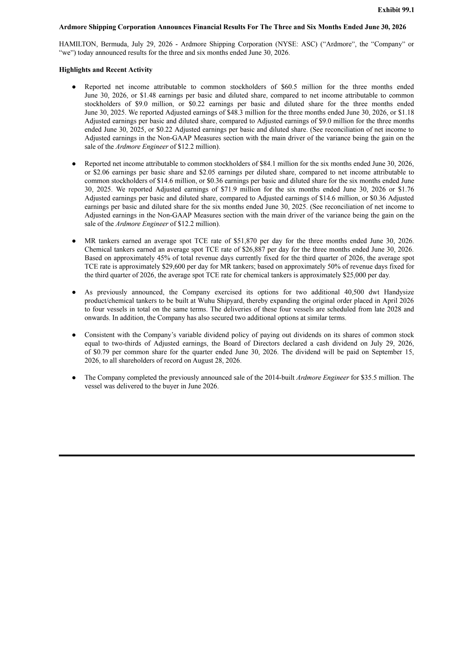 Ardmore Shipping's Q2 2026 Press Release