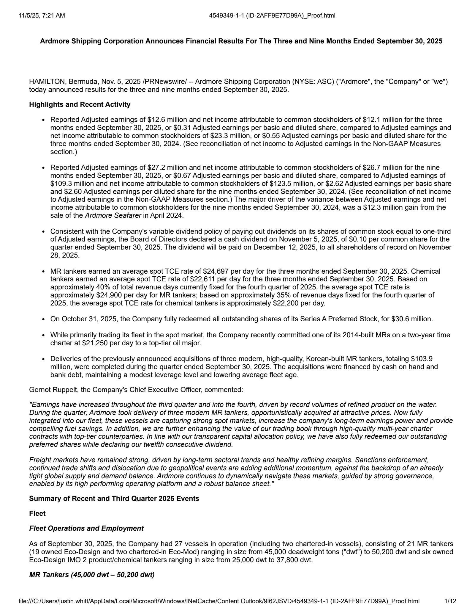 Ardmore Shipping's Q3 2025 Earnings Release
