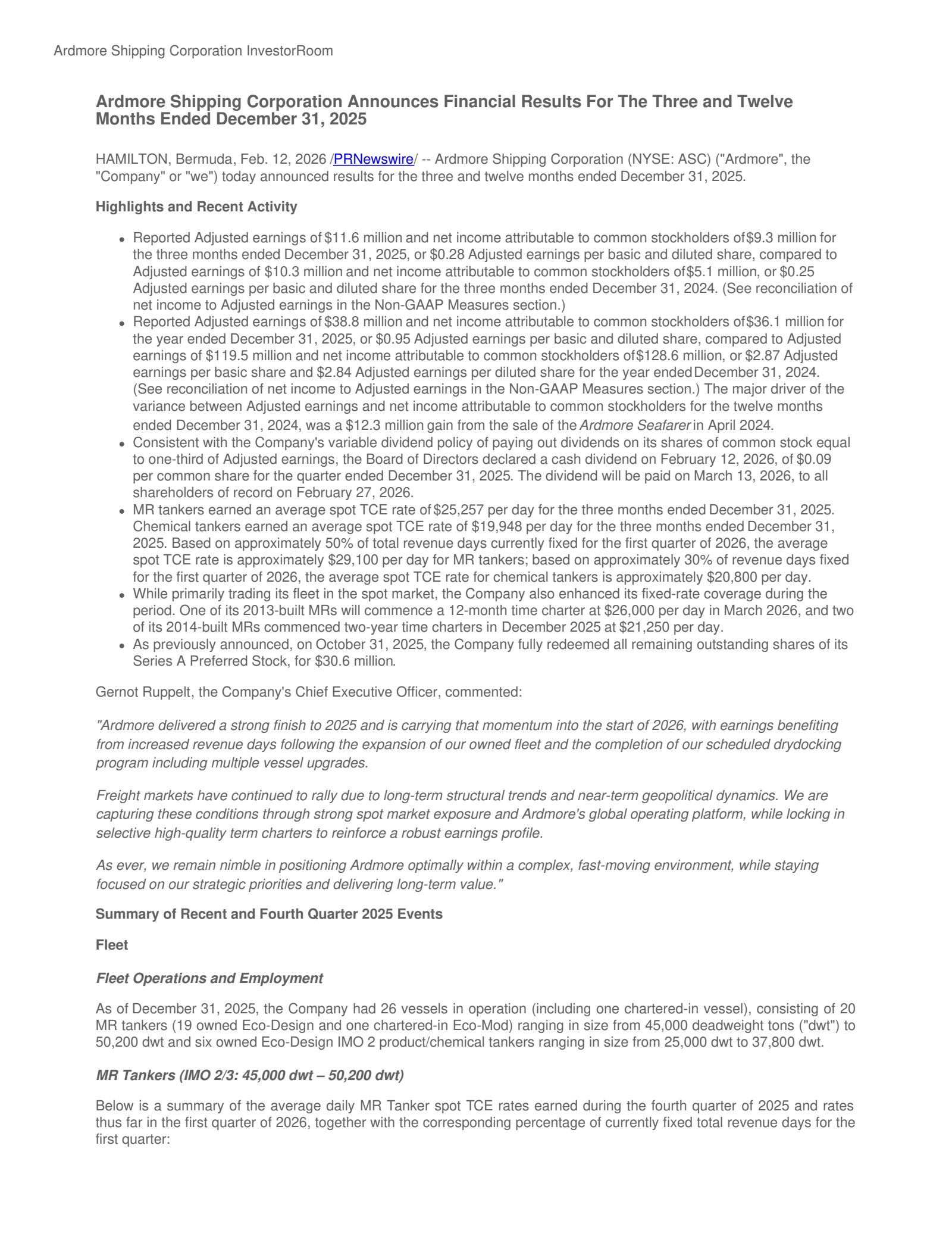 Ardmore Shipping's Q4 2025 & Investor Day 2026 Press Release