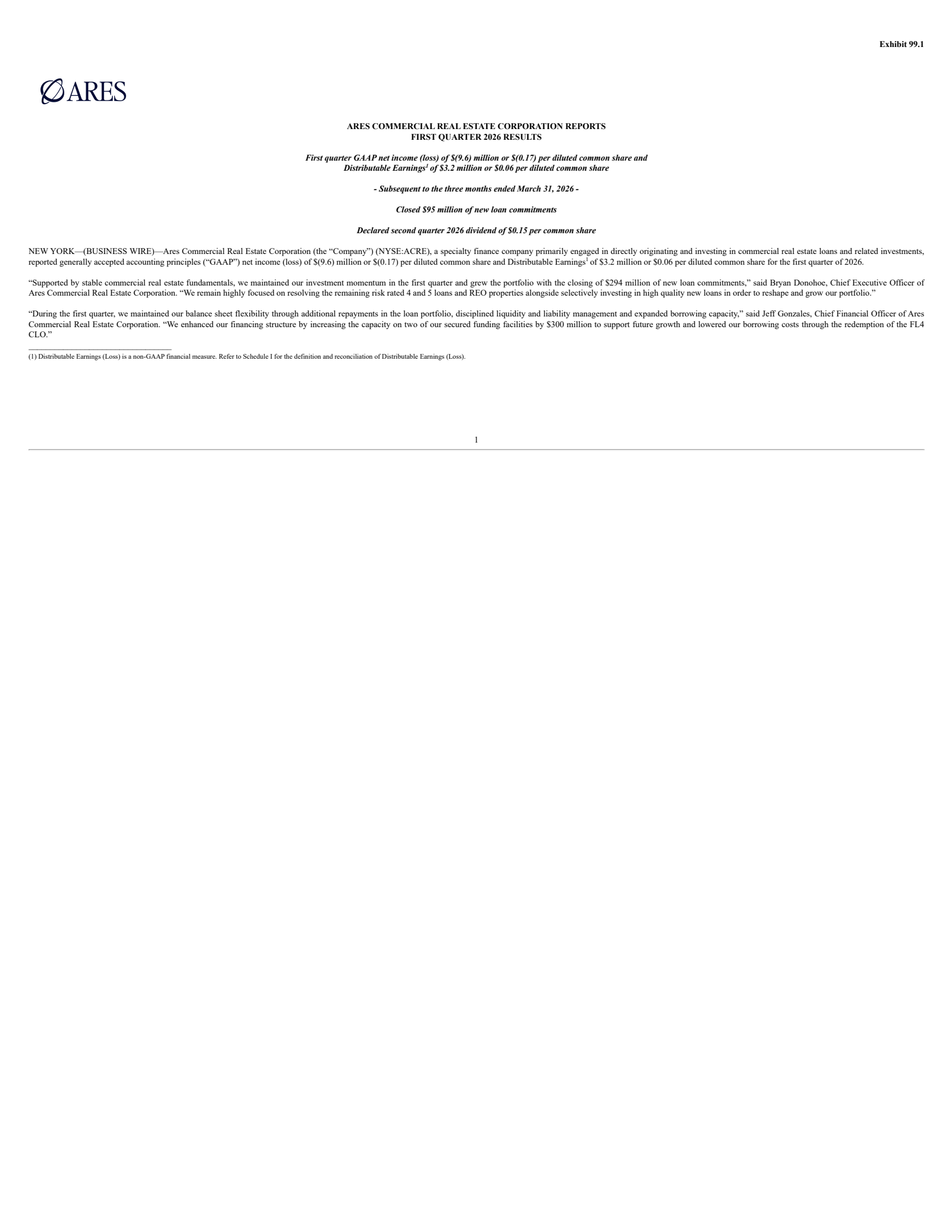 Ares Commercial Real Estate's Q1 2026 Press Release