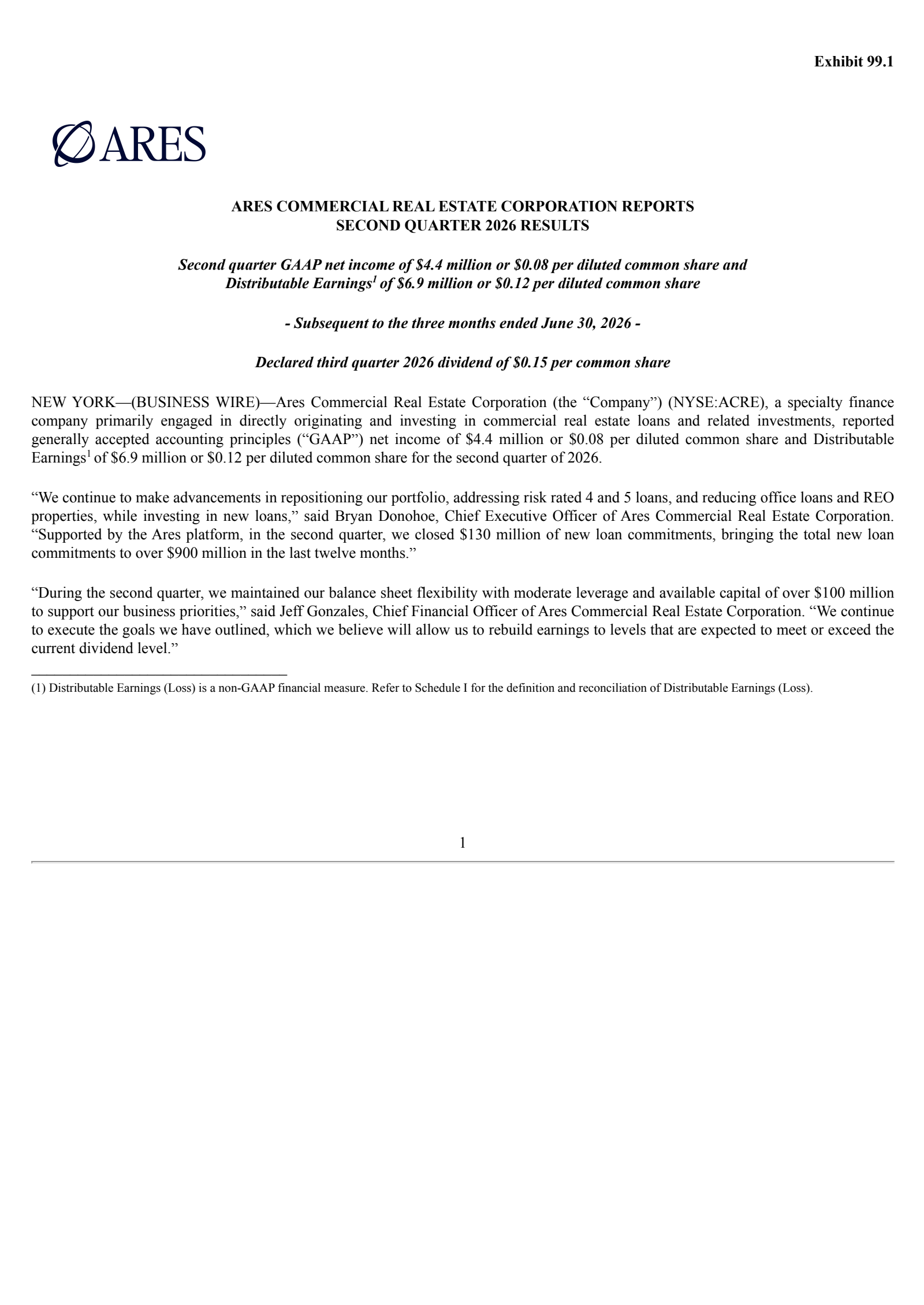 Ares Commercial Real Estate's Q2 2026 Press Release