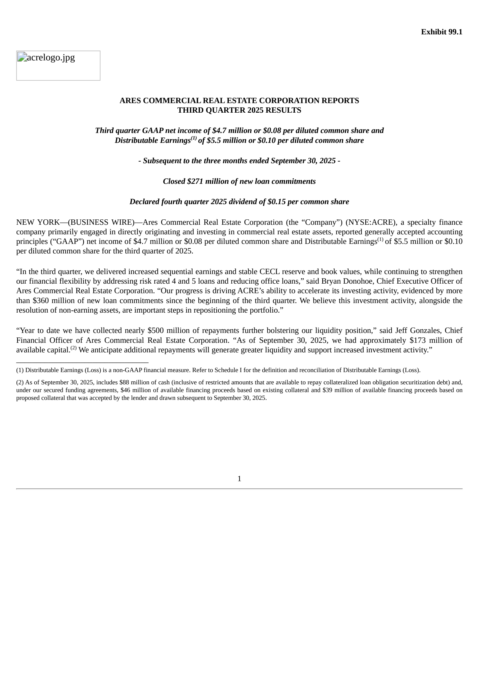 Ares Commercial Real Estate's Q3 2025 Earnings Release