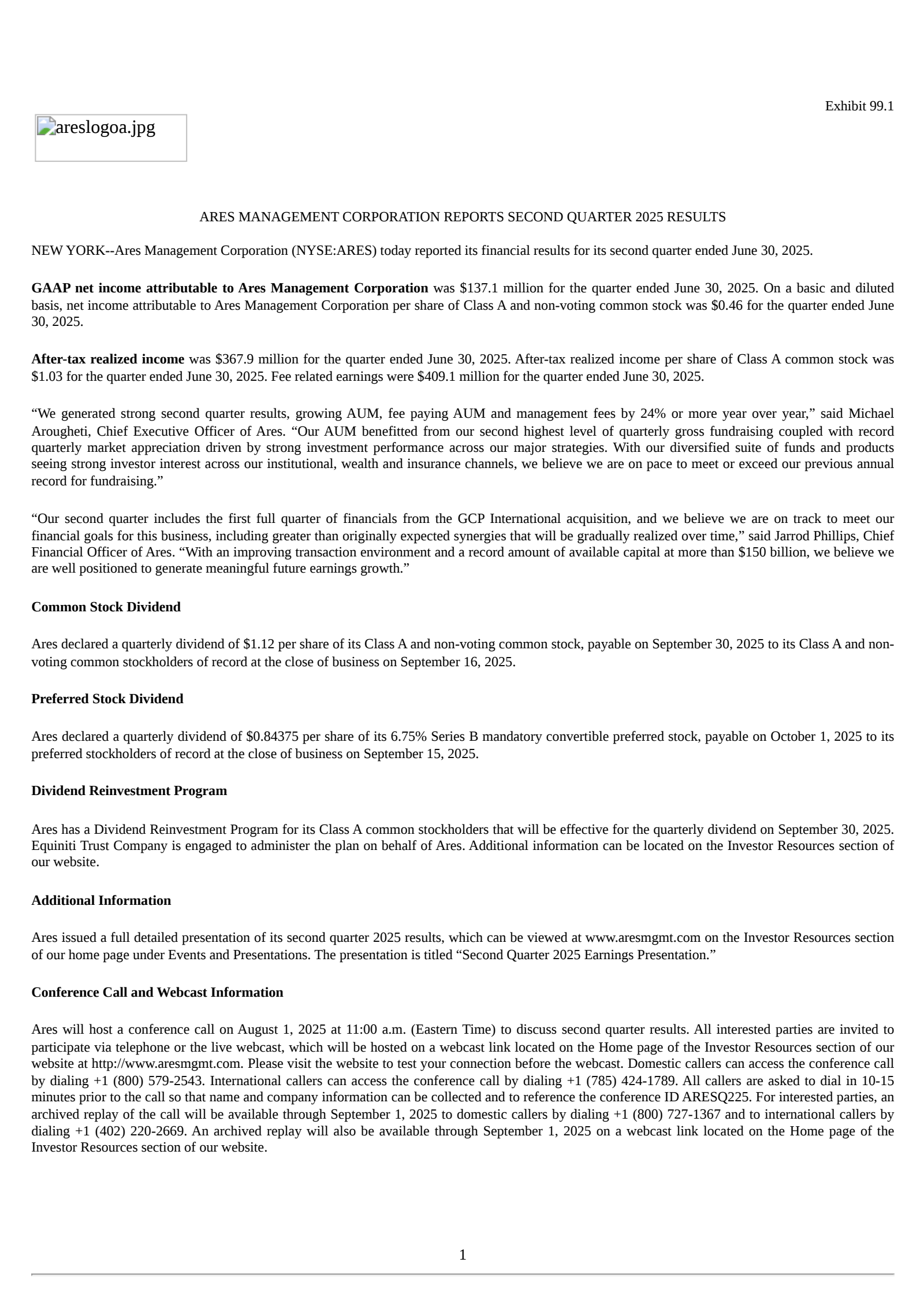 Ares Management's Q2 2025 Press Release