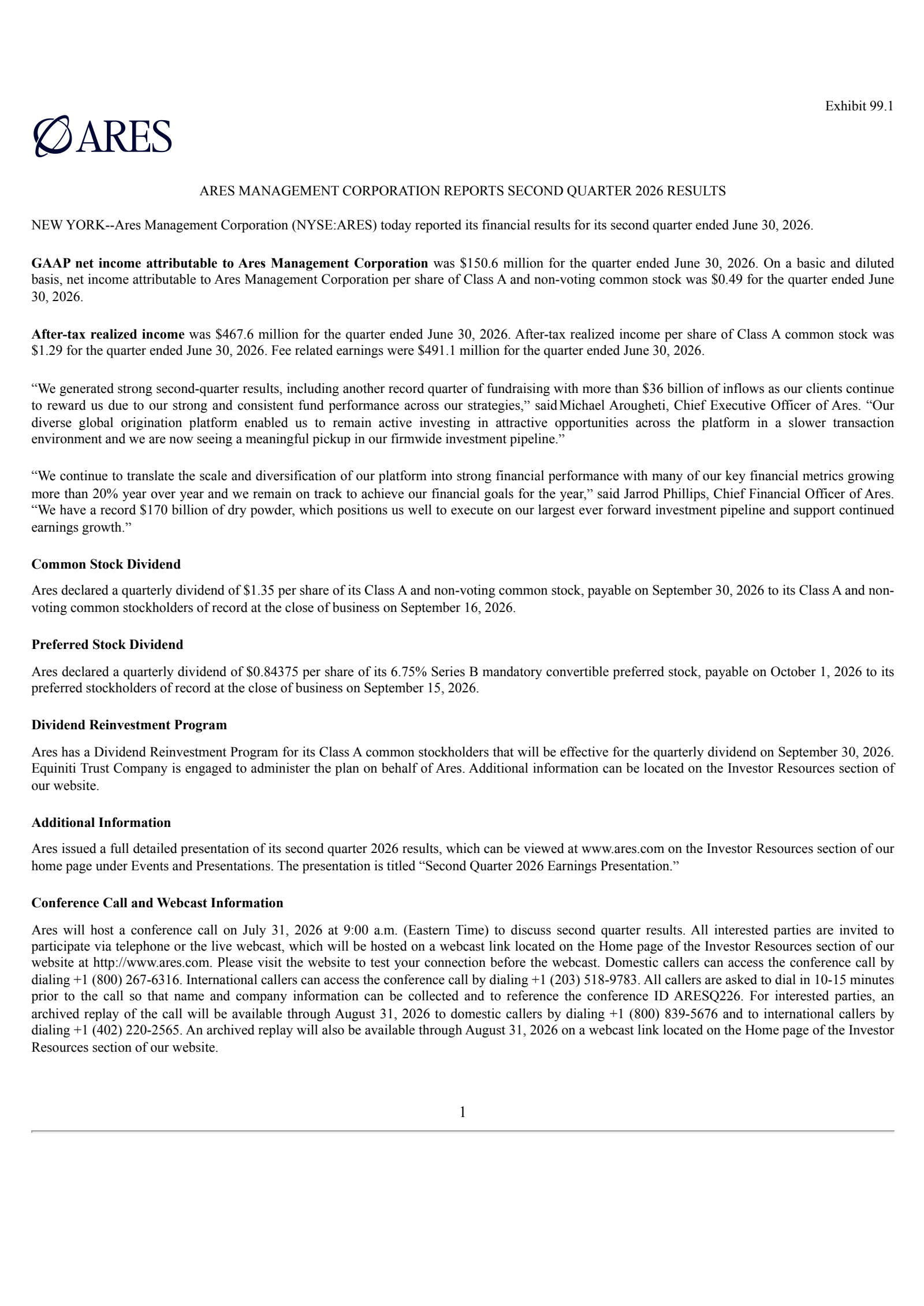 Ares Management's Q2 2026 Press Release