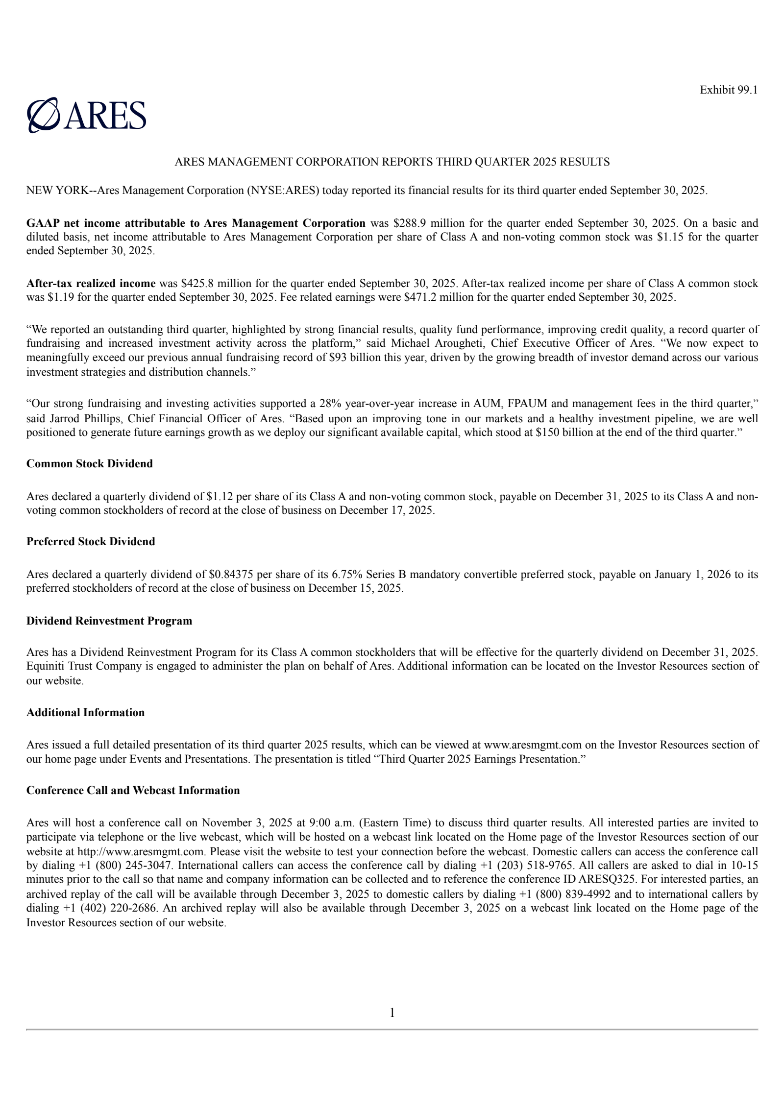 Ares Management's Q3 2025 Earnings Release