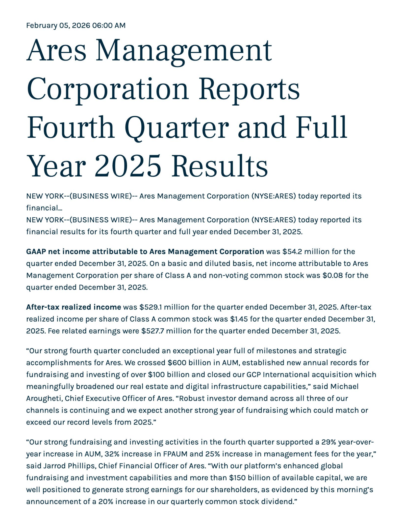 Ares Management's Q4 2025 Press Release