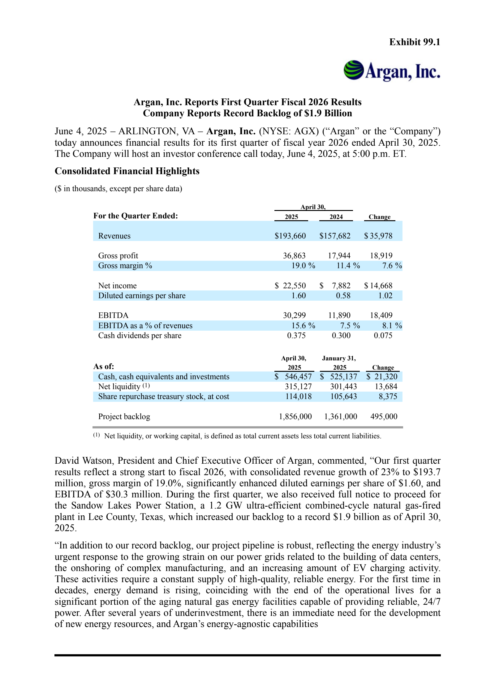 Argan's Q1 2026 Press Release