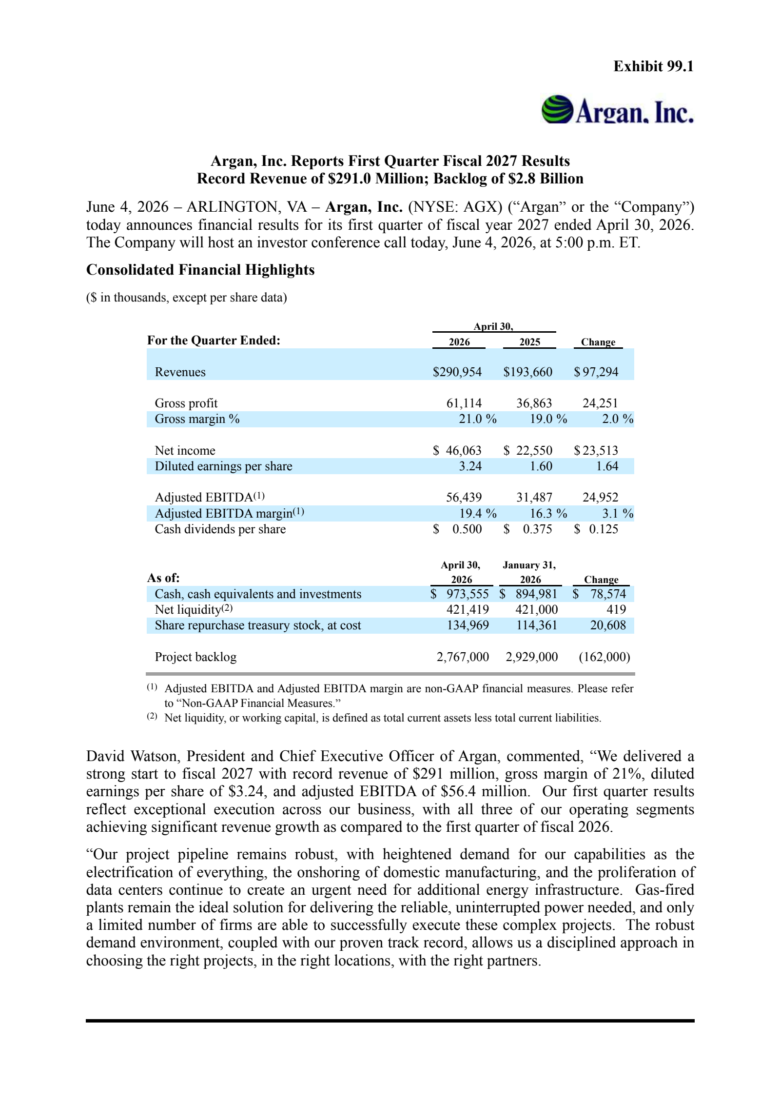 Argan's Q1 2027 Press Release
