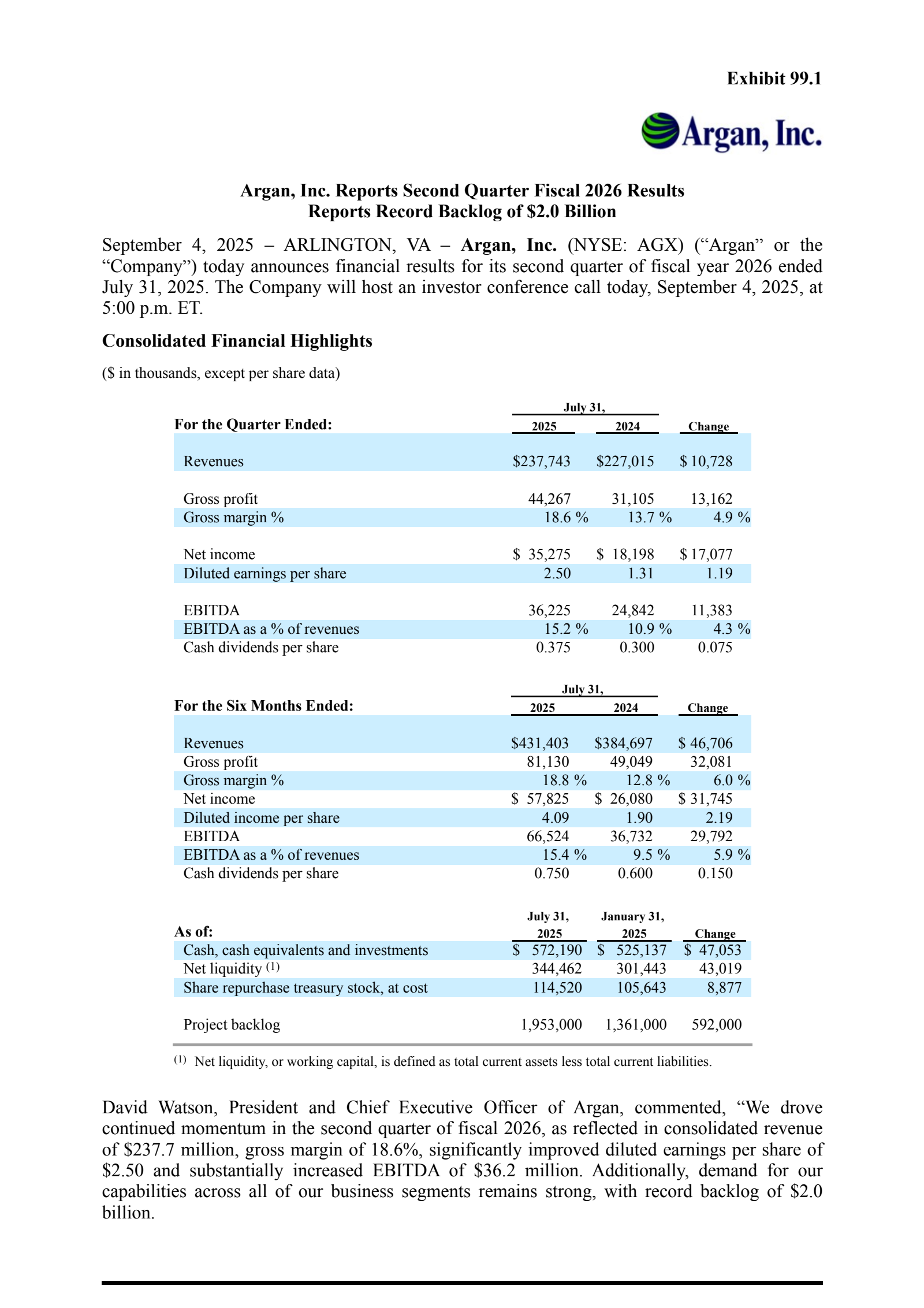 Argan's Q2 2026 Press Release