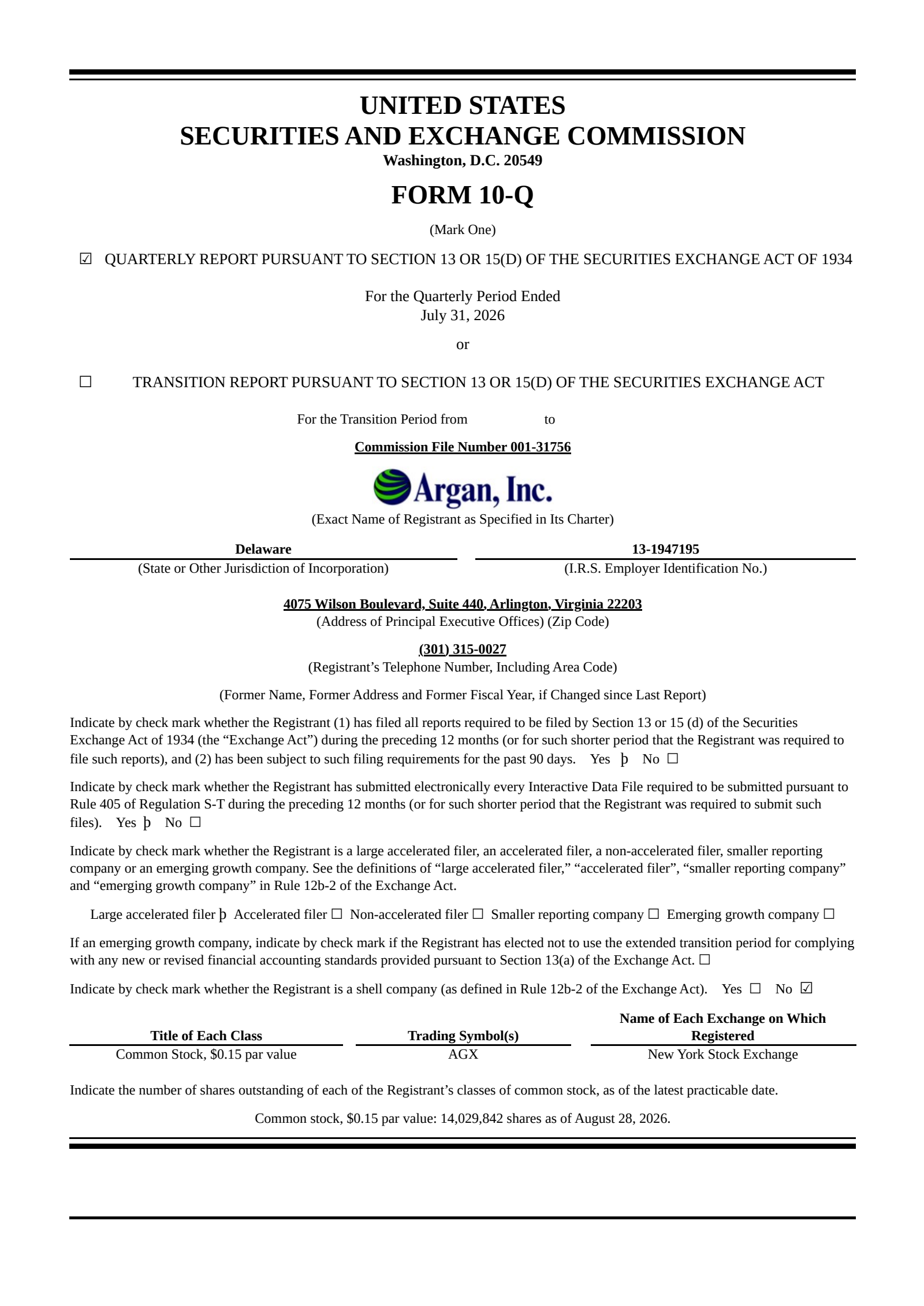 Argan's Q2 2027 Quarterly report