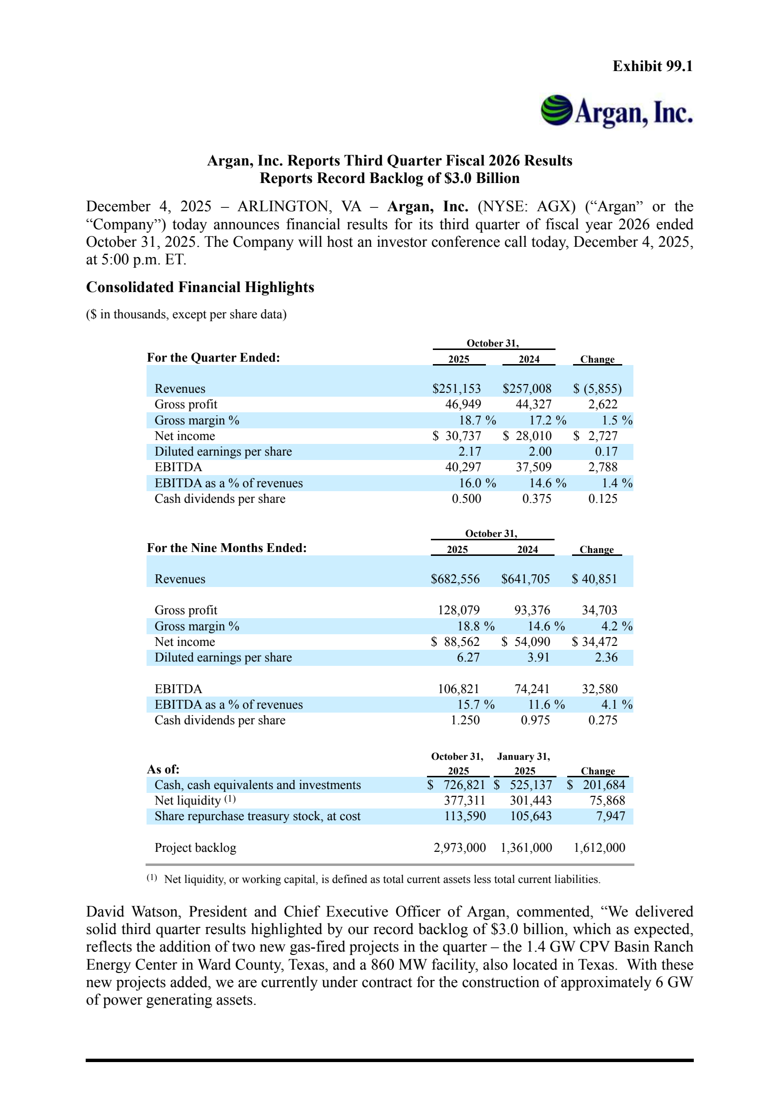 Argan's Q3 2026 Earnings Release