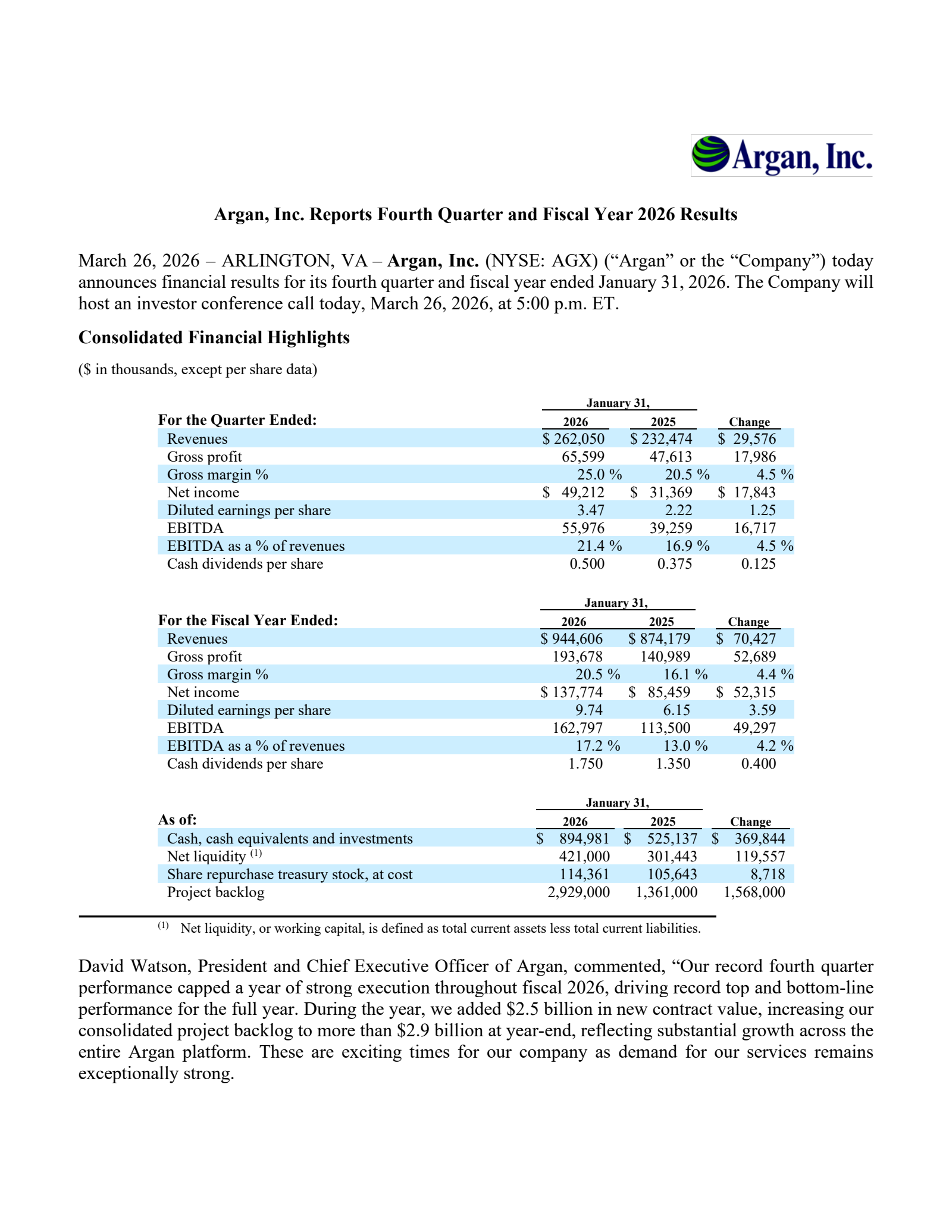 Argan's Q4 2026 Press Release