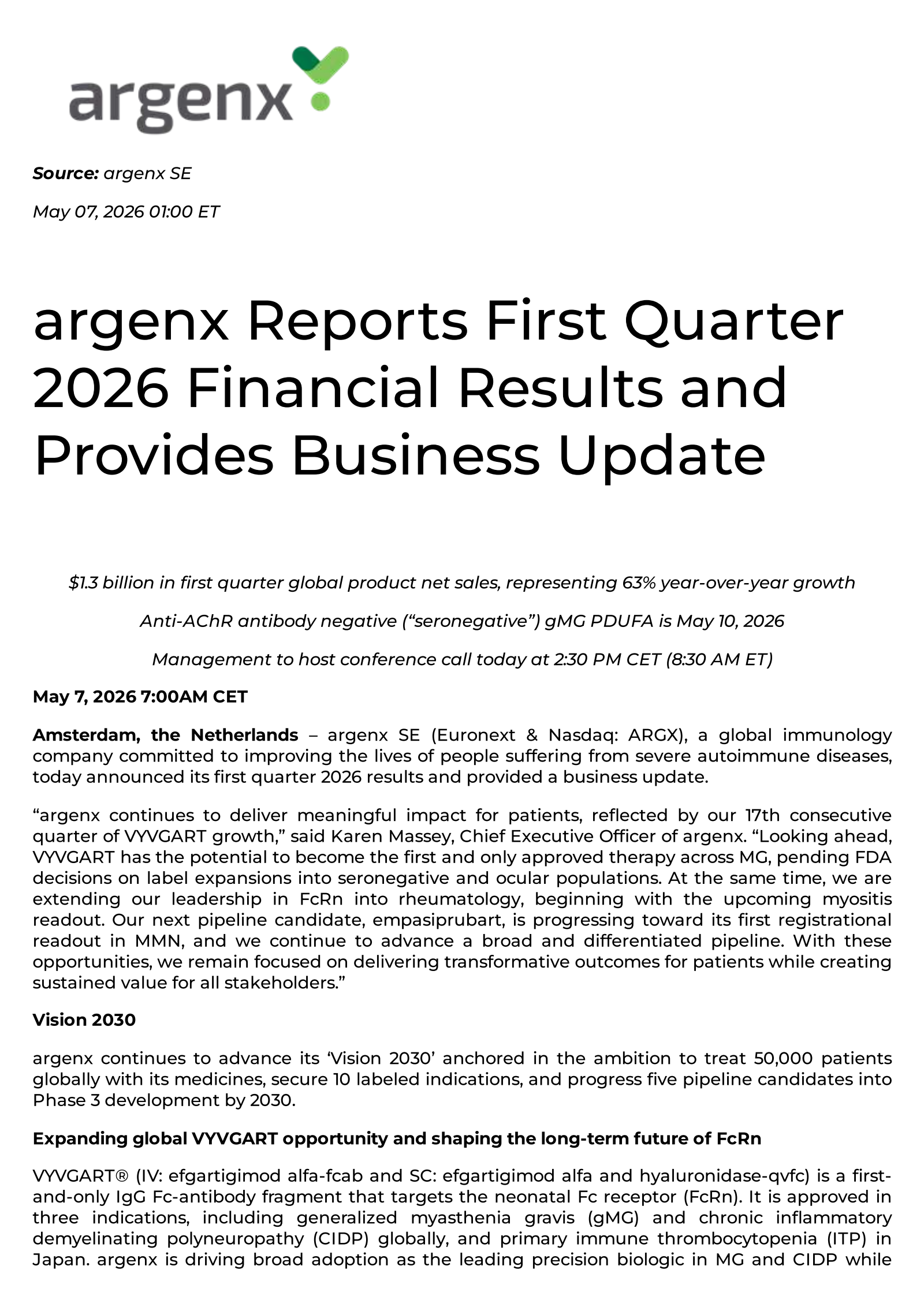 argenex's Q1 2026 Press Release