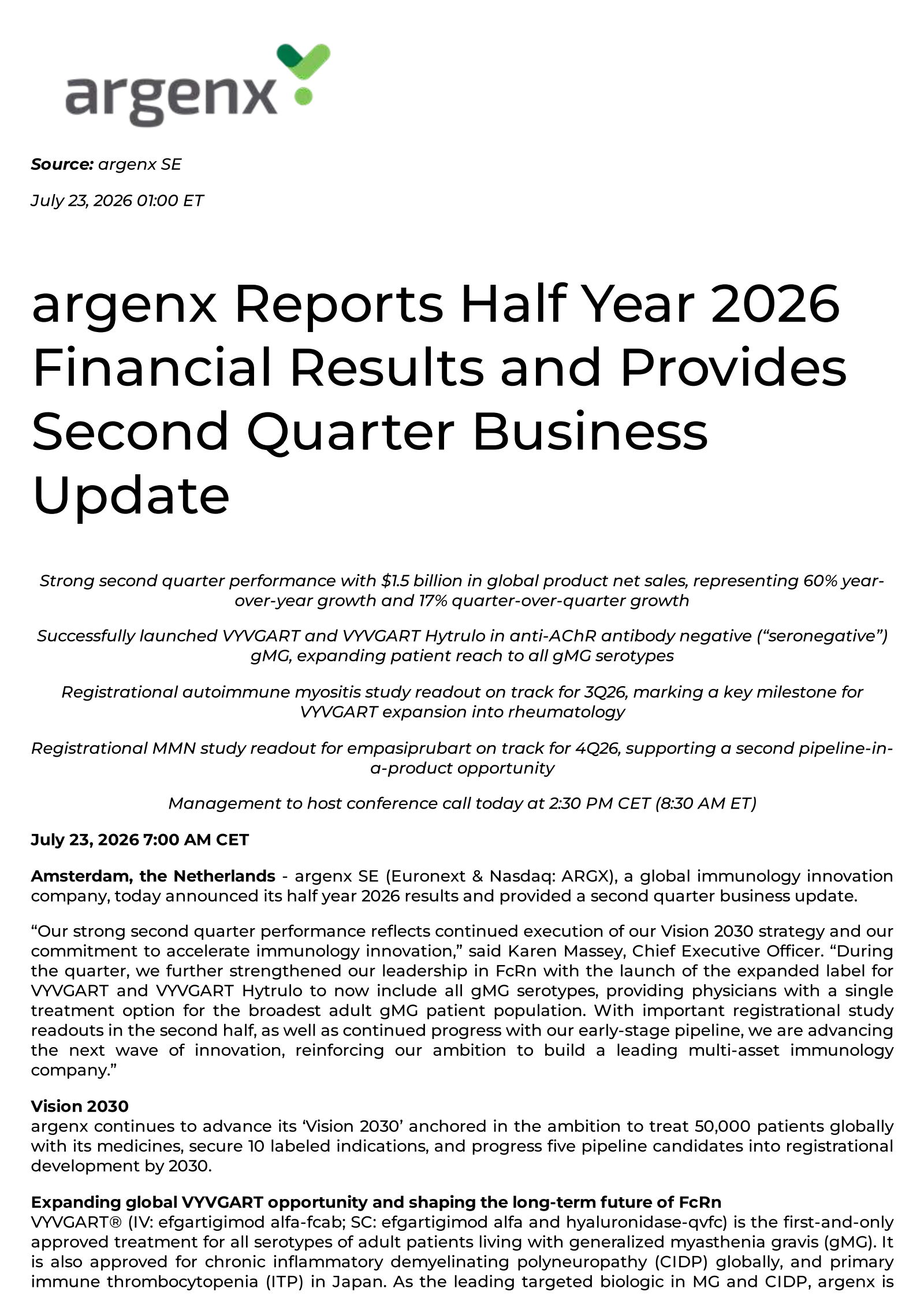 argenex's Q2 2026 Press Release