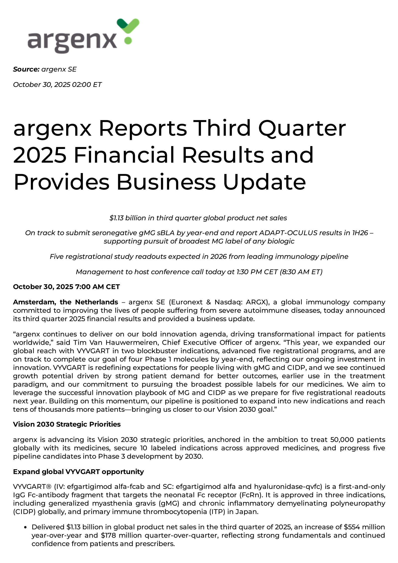argenex's Q3 2025 Earnings Release